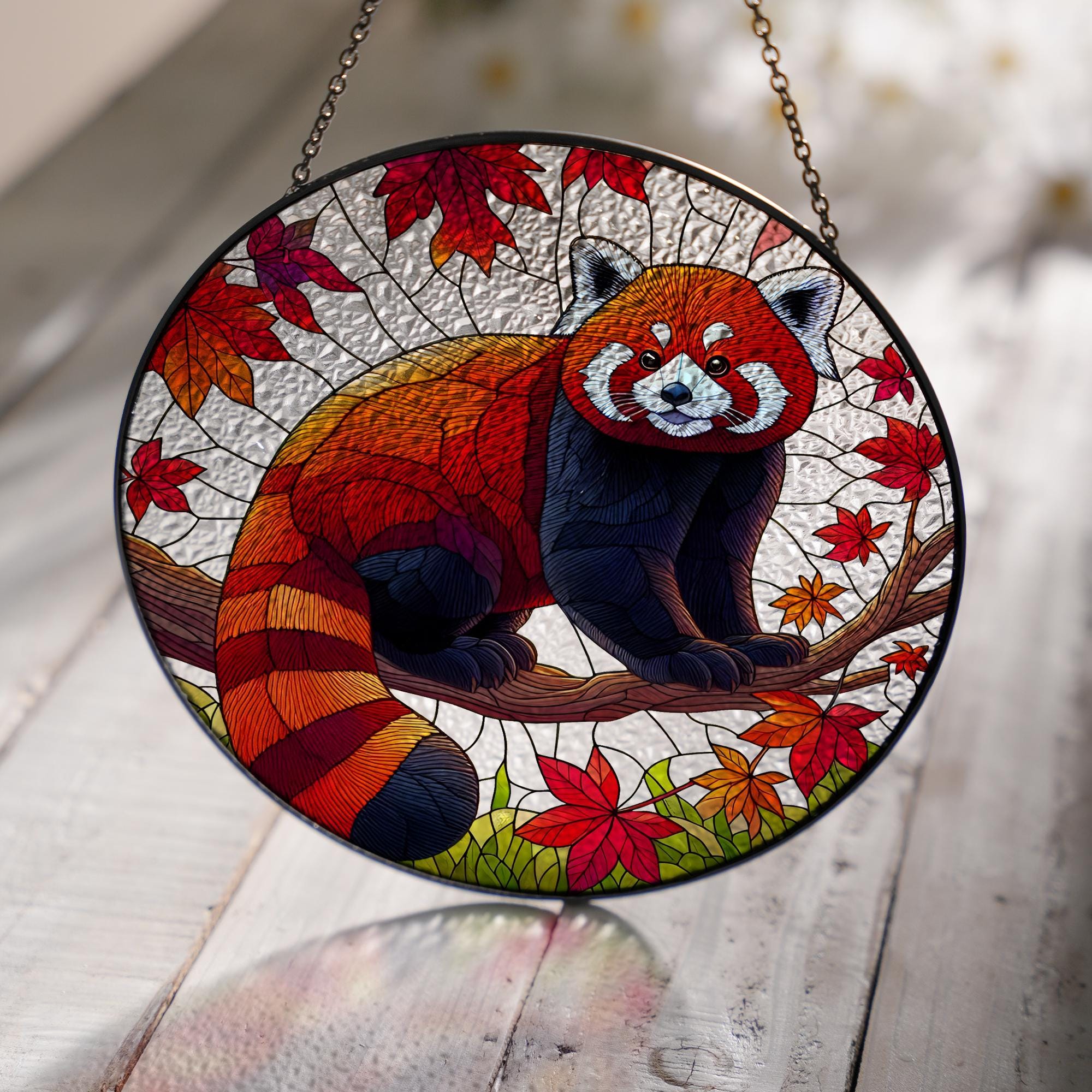Red Panda On Fall Tree GLASS, Kute Red Panda Decor, Funny Animal Decor, Animal Lover Gift, Red Panda Lover,Animal Suncatcher,Fall Gift