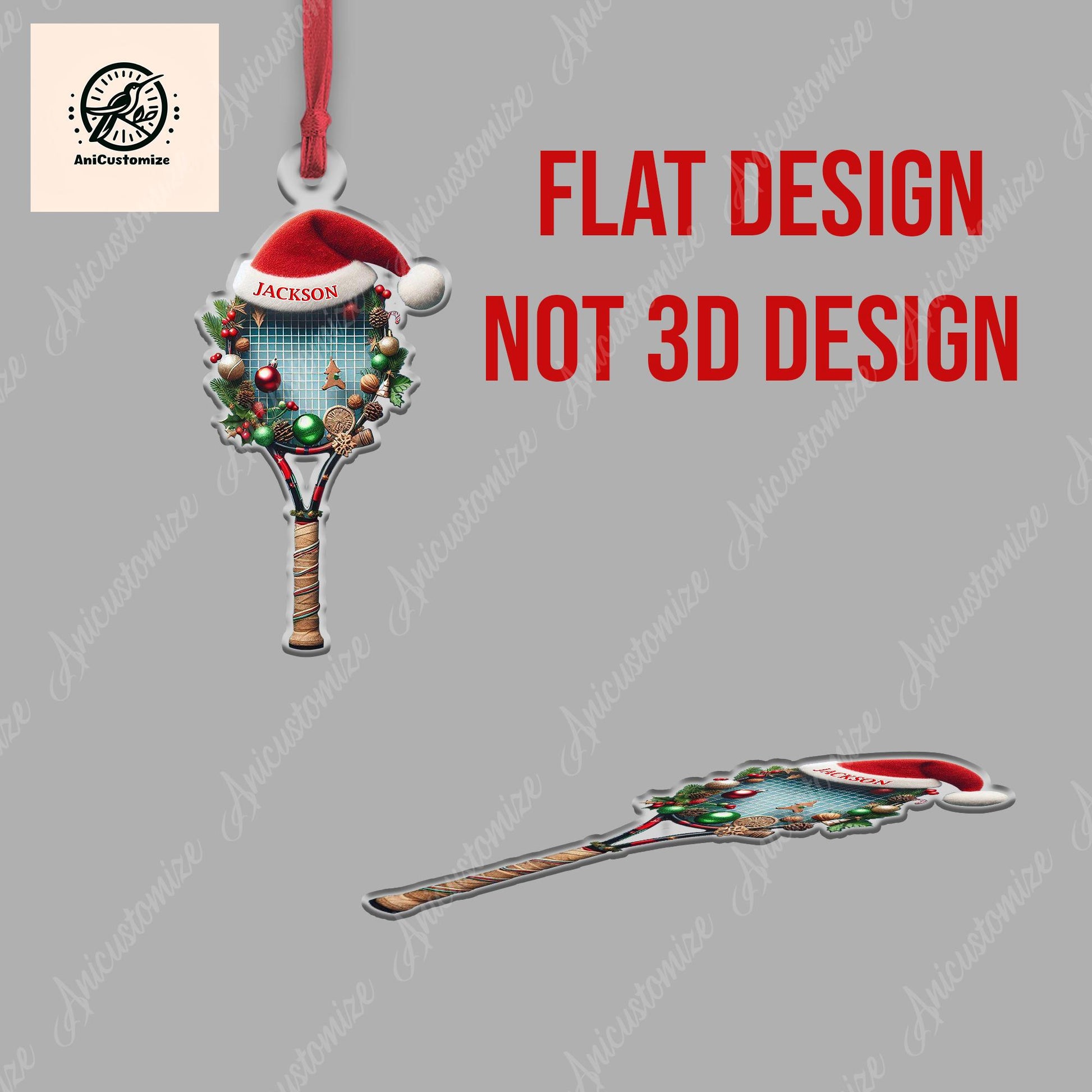 2D Flat Christmas Tennis Racket Ornament Decor, Tennis Lover Decor, Custom Ornament Gift, Tennis Gift, Tennis Player Decor, Sport Lover Gift