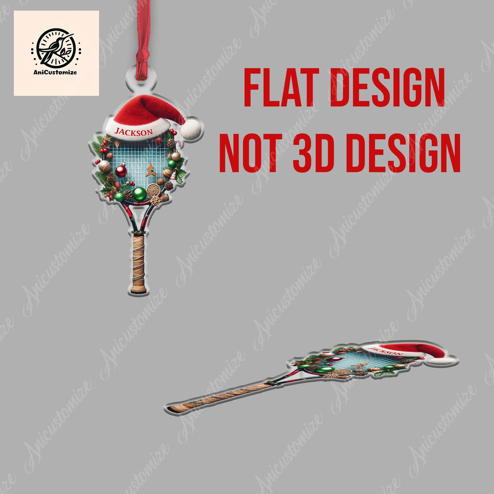 2D Flat Christmas Tennis Racket Ornament Decor, Tennis Lover Decor, Custom Ornament Gift, Tennis Gift, Tennis Player Decor, Sport Lover Gift