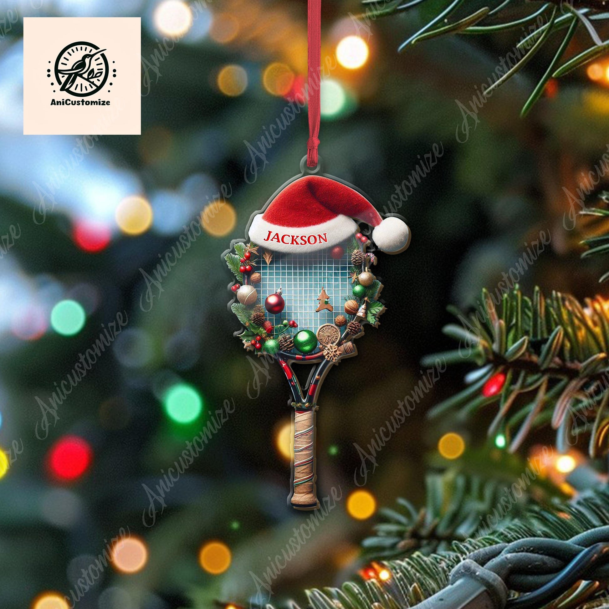 2D Flat Christmas Tennis Racket Ornament Decor, Tennis Lover Decor, Custom Ornament Gift, Tennis Gift, Tennis Player Decor, Sport Lover Gift