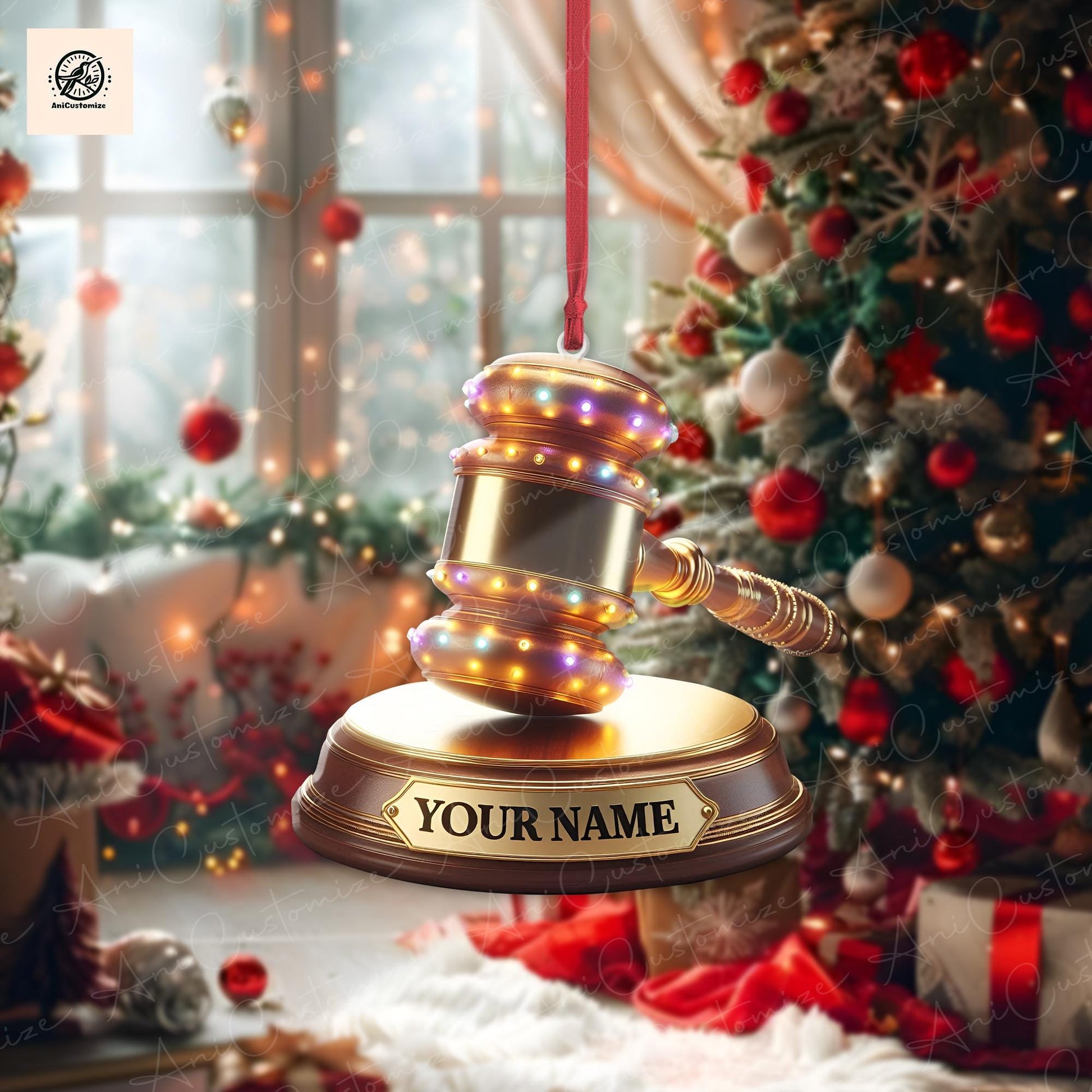 2D FLAT Personalized Golden Judge Gavel Christmas Light Ornament, Christmas Tree Decor, Loved Judge Gavel Ornament, Laywer Ornament Gift