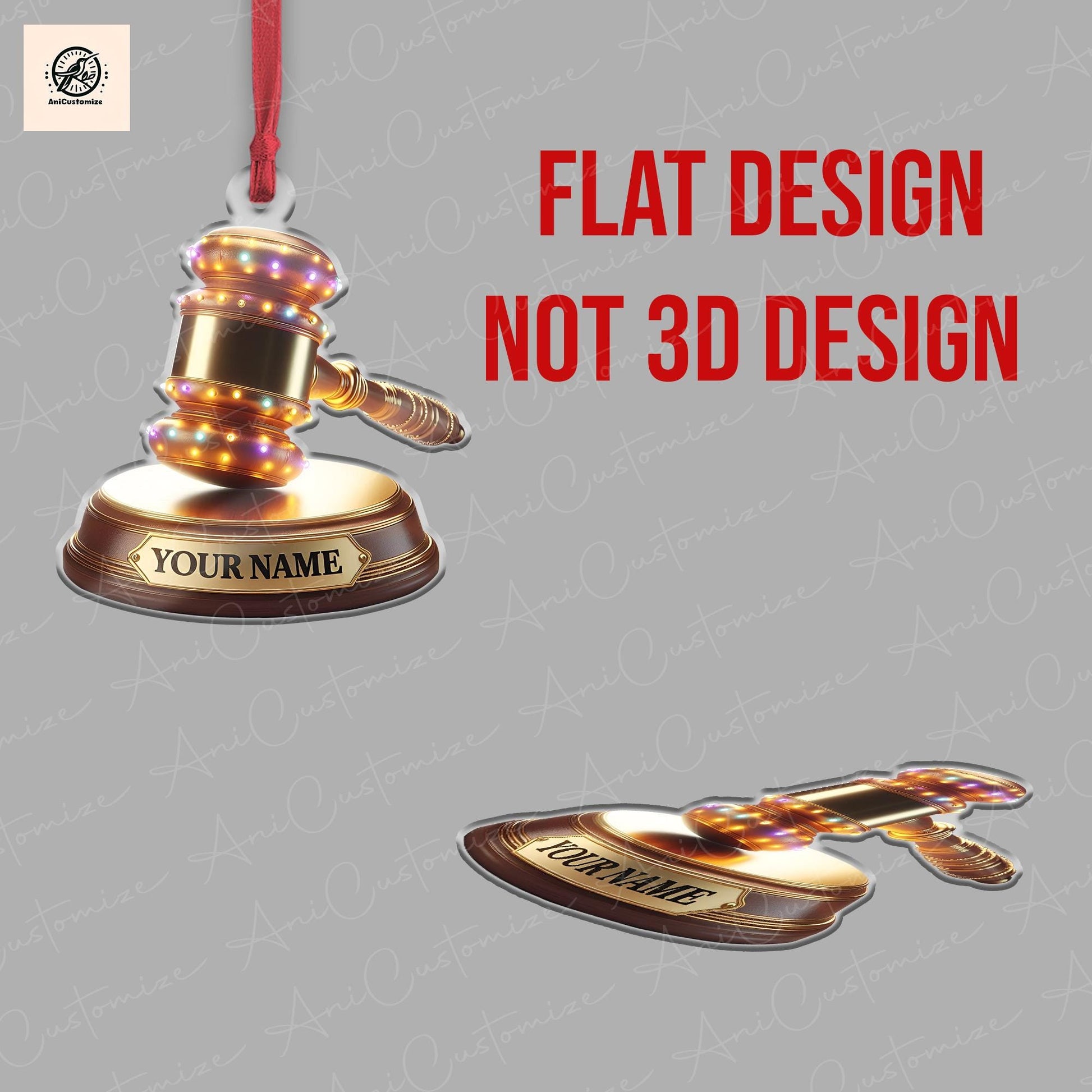 2D FLAT Personalized Golden Judge Gavel Christmas Light Ornament, Christmas Tree Decor, Loved Judge Gavel Ornament, Laywer Ornament Gift