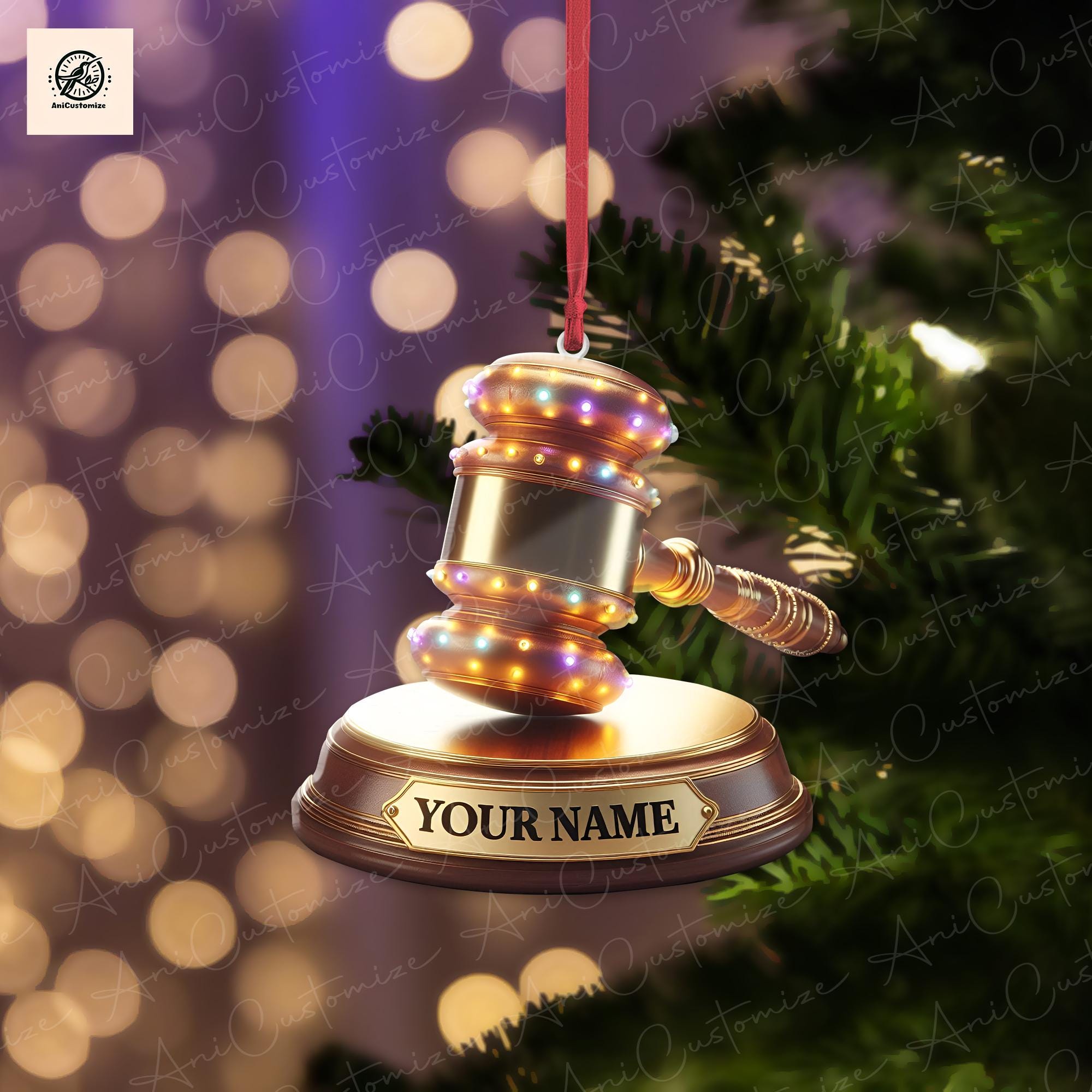2D FLAT Personalized Golden Judge Gavel Christmas Light Ornament, Christmas Tree Decor, Loved Judge Gavel Ornament, Laywer Ornament Gift