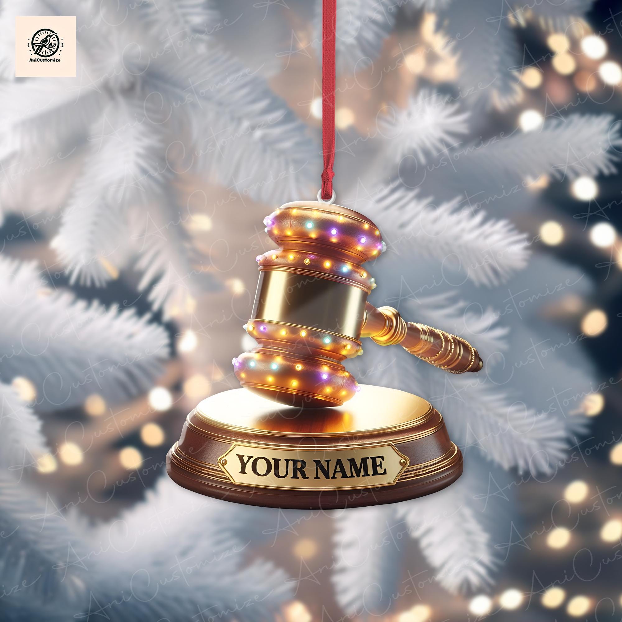 2D FLAT Personalized Golden Judge Gavel Christmas Light Ornament, Christmas Tree Decor, Loved Judge Gavel Ornament, Laywer Ornament Gift