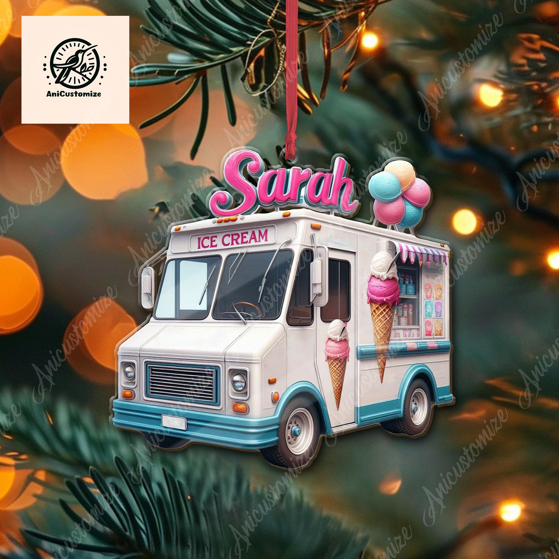 Personalized Ice Cream Truck Christmas Ornament, Ice CreamTruck Ornament, Gift For her, Ice Cream Lover Gift, Funny CHirstmas Decor