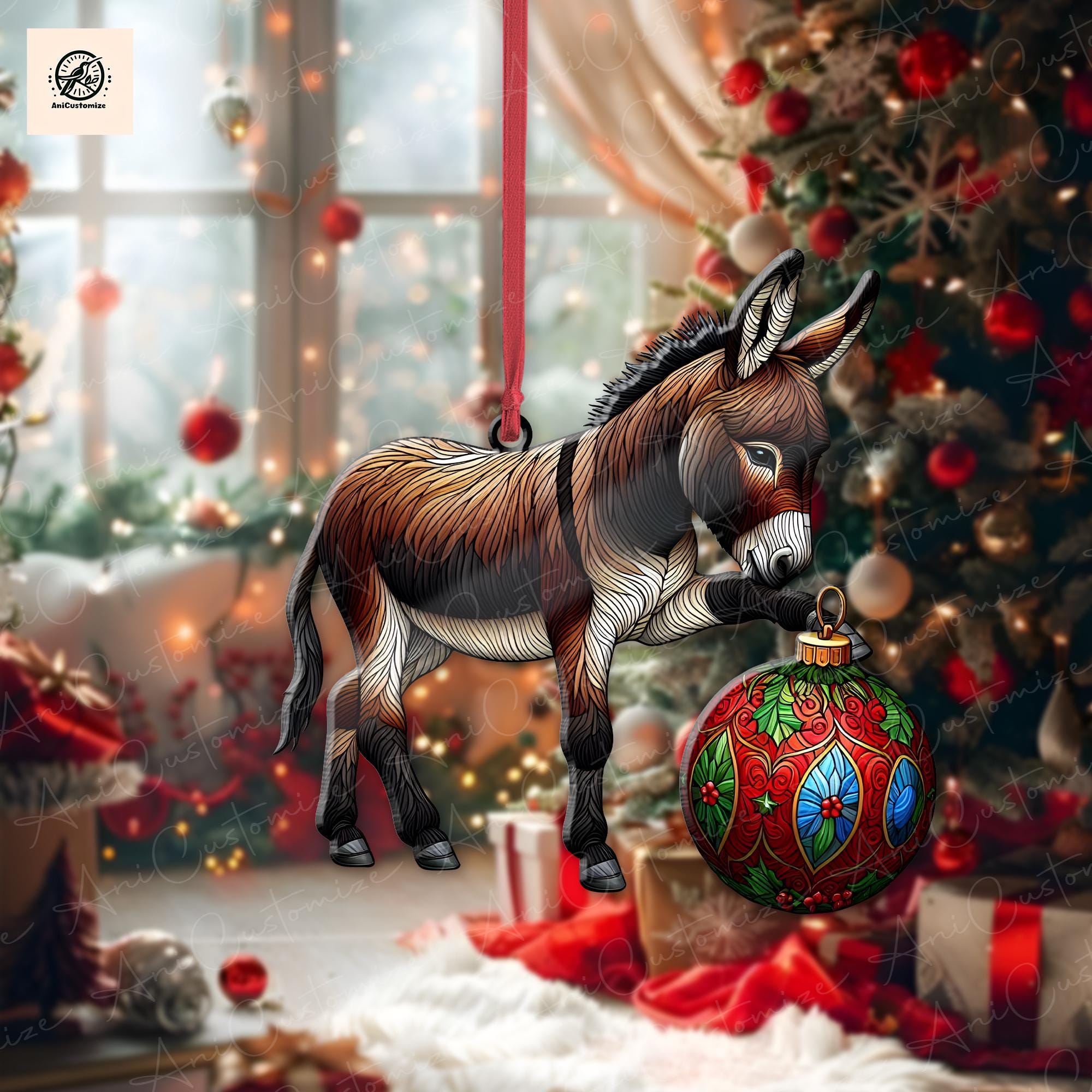 Donkey Playing Christmas Ornament Decor, Christmas Donkey decor, Donkey Xmas Gift, Donkey Lover Decor, Funny Xmas Decor, Christmas Animal