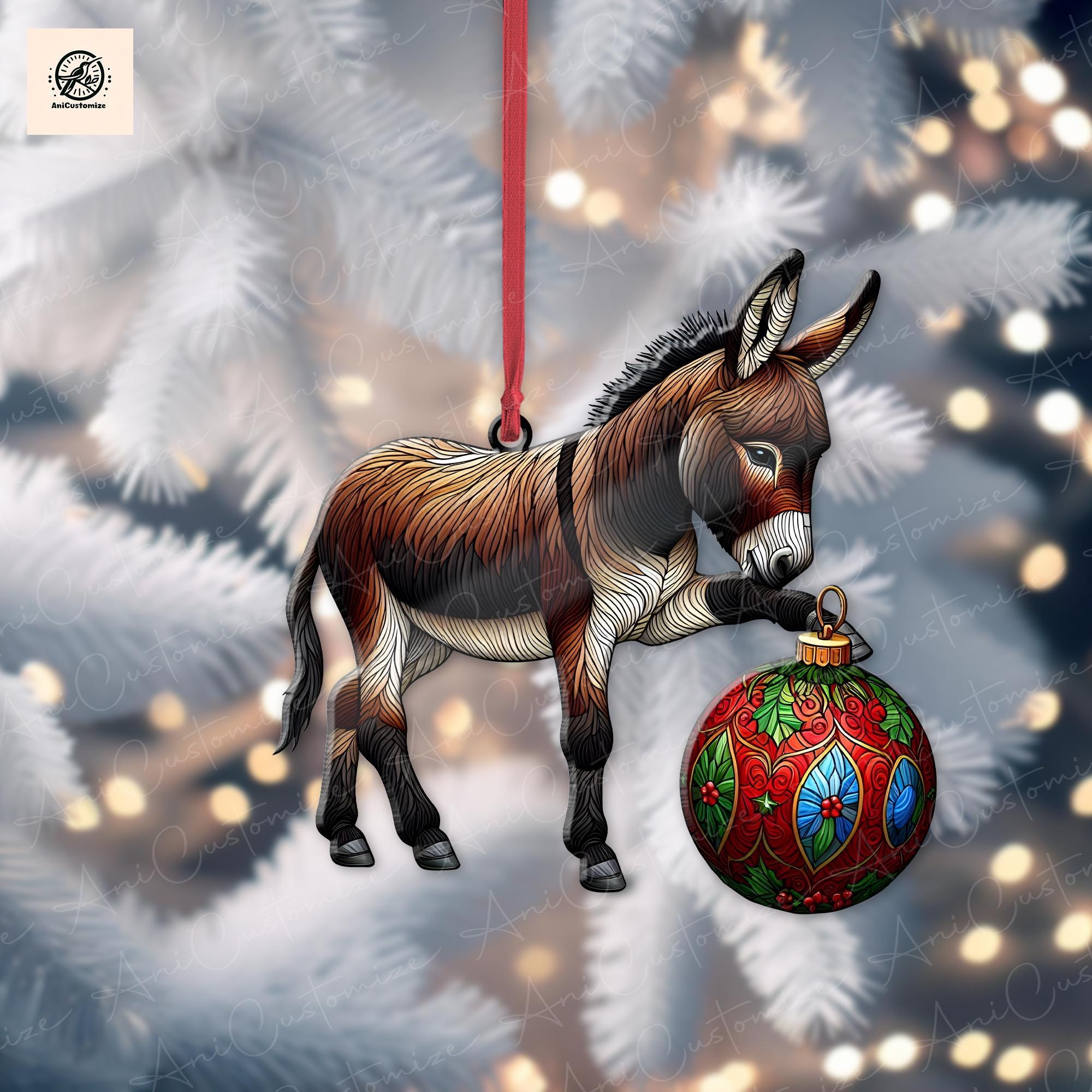 Donkey Playing Christmas Ornament Decor, Christmas Donkey decor, Donkey Xmas Gift, Donkey Lover Decor, Funny Xmas Decor, Christmas Animal