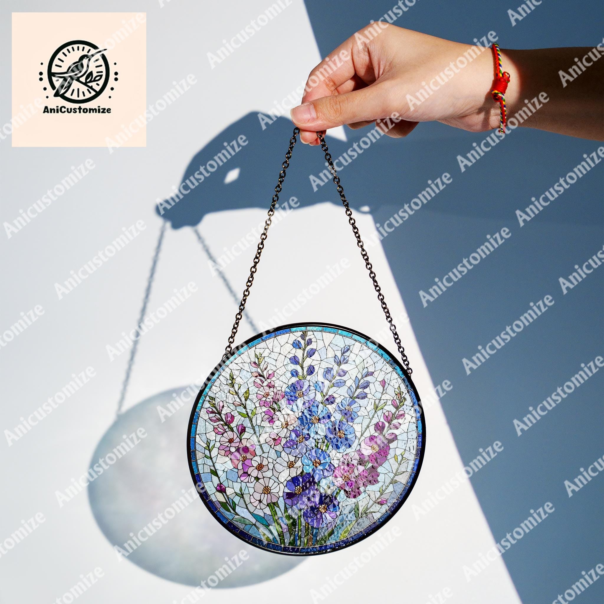 Larkspur Flower Glass Suncatcher, Floral Wreath Sign, Flower Ornament Window Hanging Wall Art Home Decor, Gift for Mom, Christmas