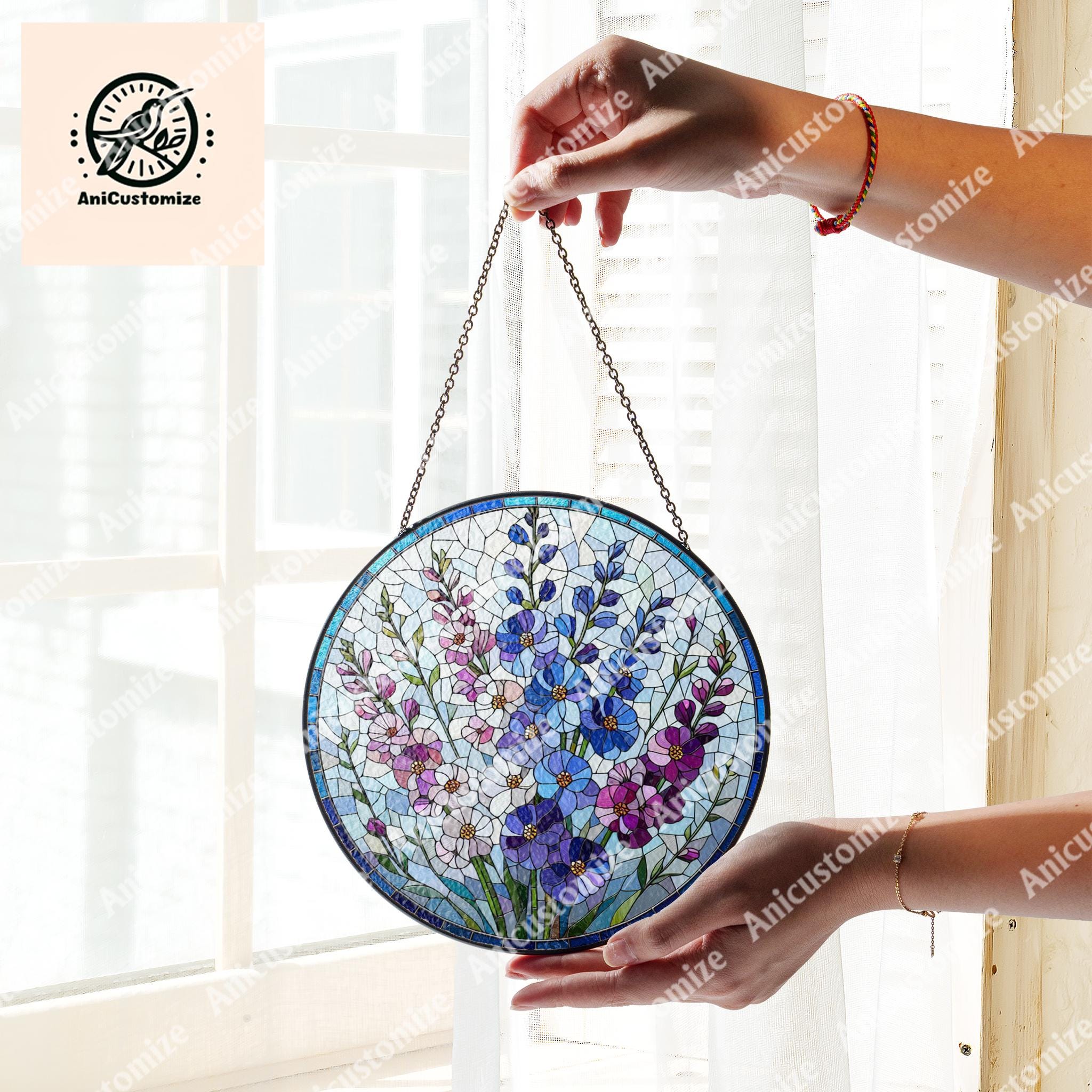Larkspur Flower Glass Suncatcher, Floral Wreath Sign, Flower Ornament Window Hanging Wall Art Home Decor, Gift for Mom, Christmas