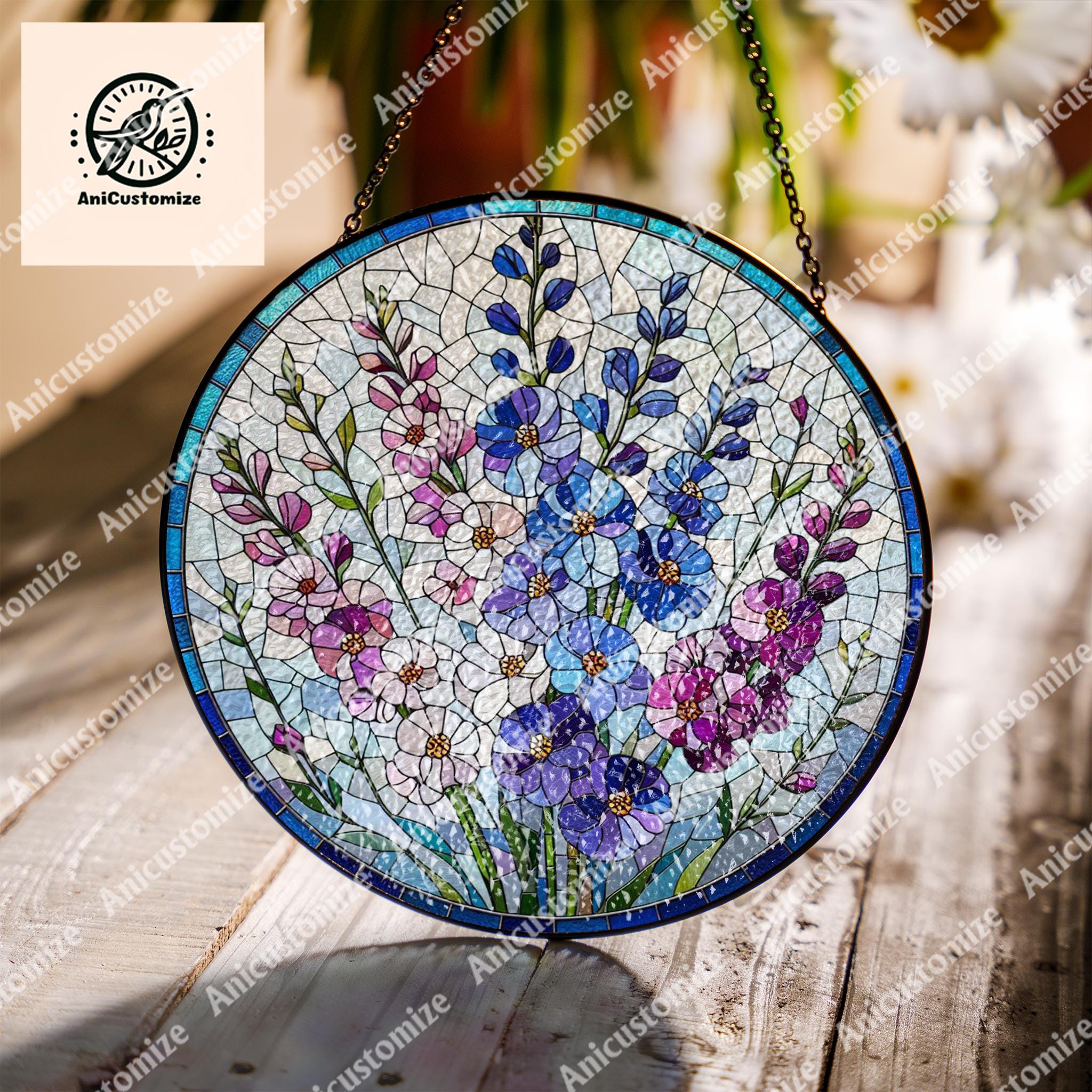 Larkspur Flower Glass Suncatcher, Floral Wreath Sign, Flower Ornament Window Hanging Wall Art Home Decor, Gift for Mom, Christmas