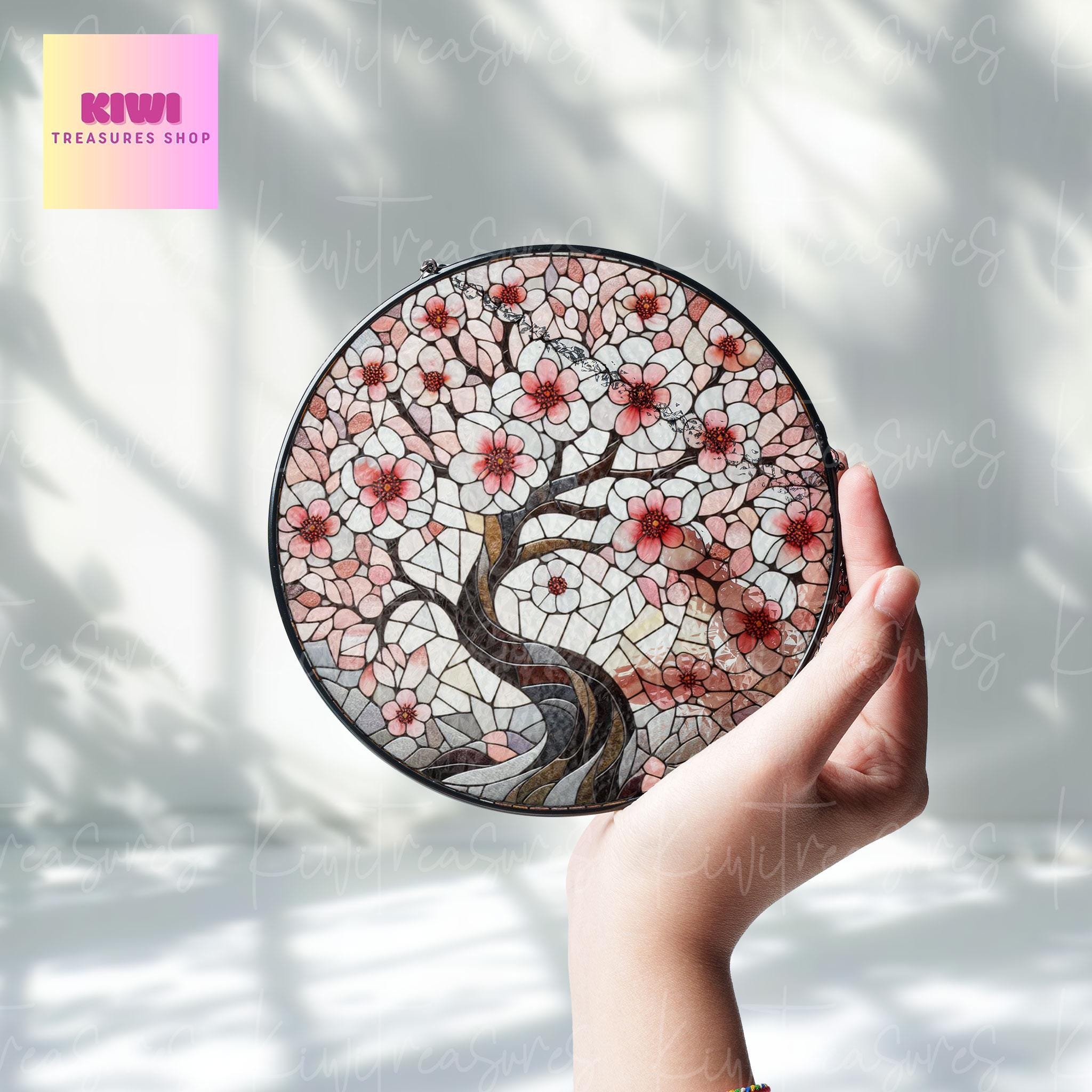 Cherry Blossom Tree GLASS Suncatcher Hanging, Spring landscape Window hanging, Suncatcher ornament, Cherry blossom