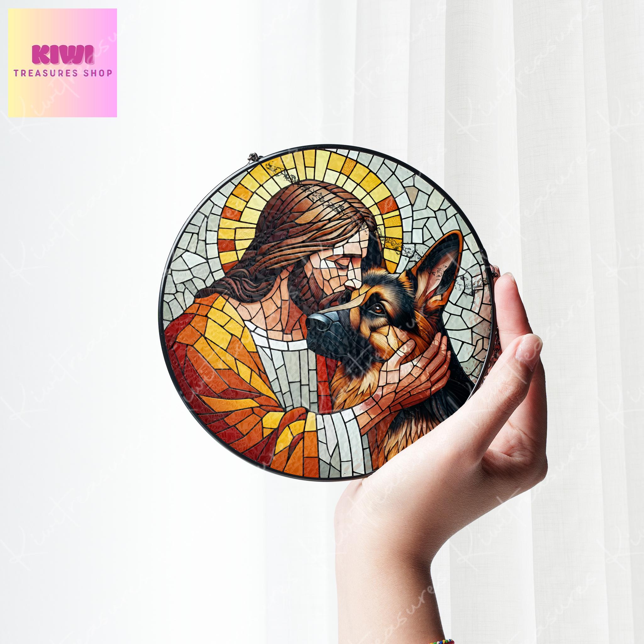 Jesus and German Shepherd GLASS suncatcher Hanging, Jesus Christ, German Shepherd hanging, Jesus Suncatcher hanging, Jesus decor