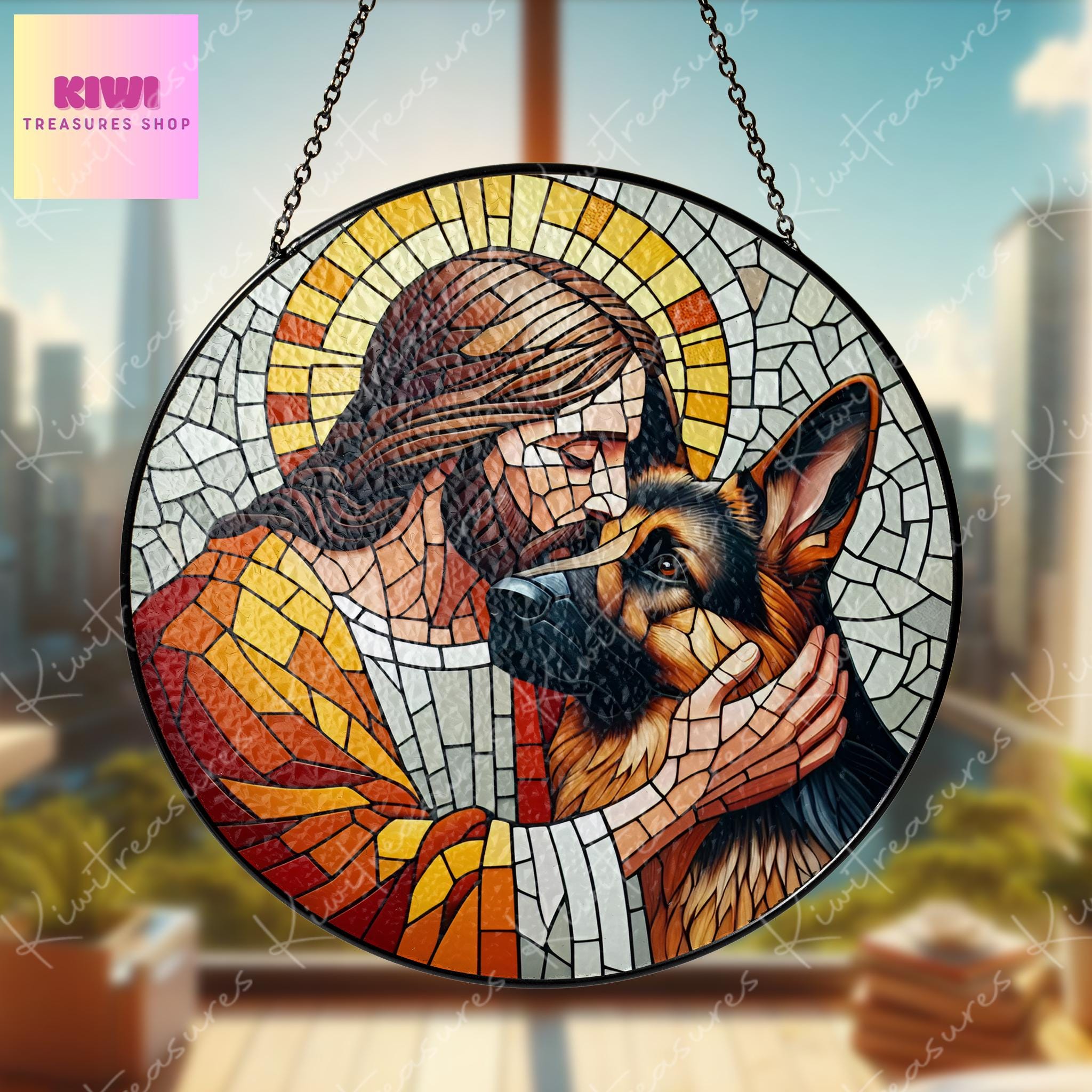 Jesus and German Shepherd GLASS suncatcher Hanging, Jesus Christ, German Shepherd hanging, Jesus Suncatcher hanging, Jesus decor