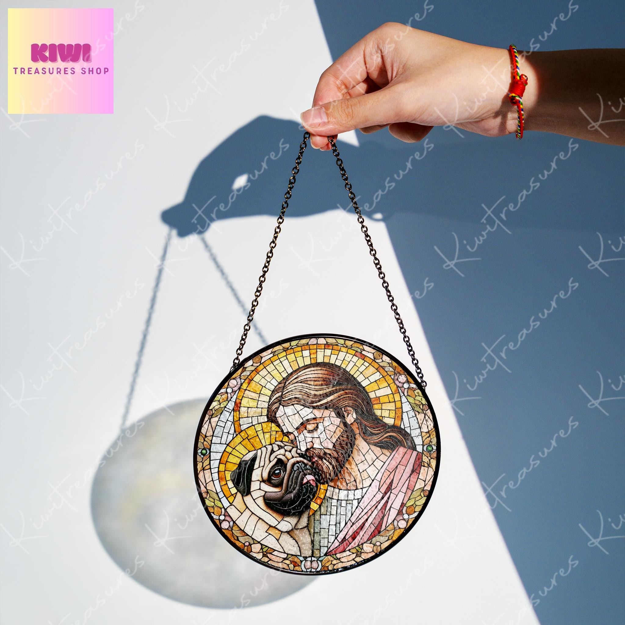 Jesus and Pug GLASS suncatcher Hanging, Jesus Christ, Pug hanging, Jesus Suncatcher hanging, Jesus decor, Pug mom gift, Christian gift