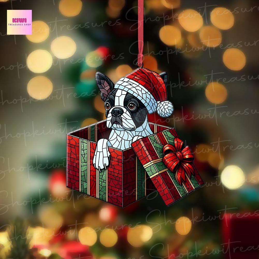 Christmas Boston Terrier Peeking Inside Present Box Ornament, Boston Terrier Lover, Dog Xmas Gift, Funny Xmas Decor, Gift For Her, Dog Lover