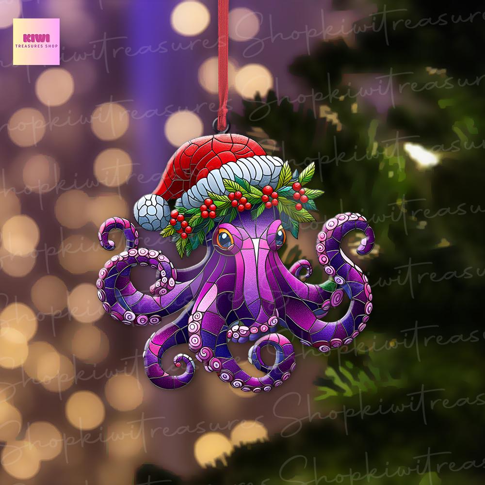 Christmas octopus Ornament, purple octopus ornament, sea animal ornament, octopus lover gift, unique idea gift, funny octopus hanging