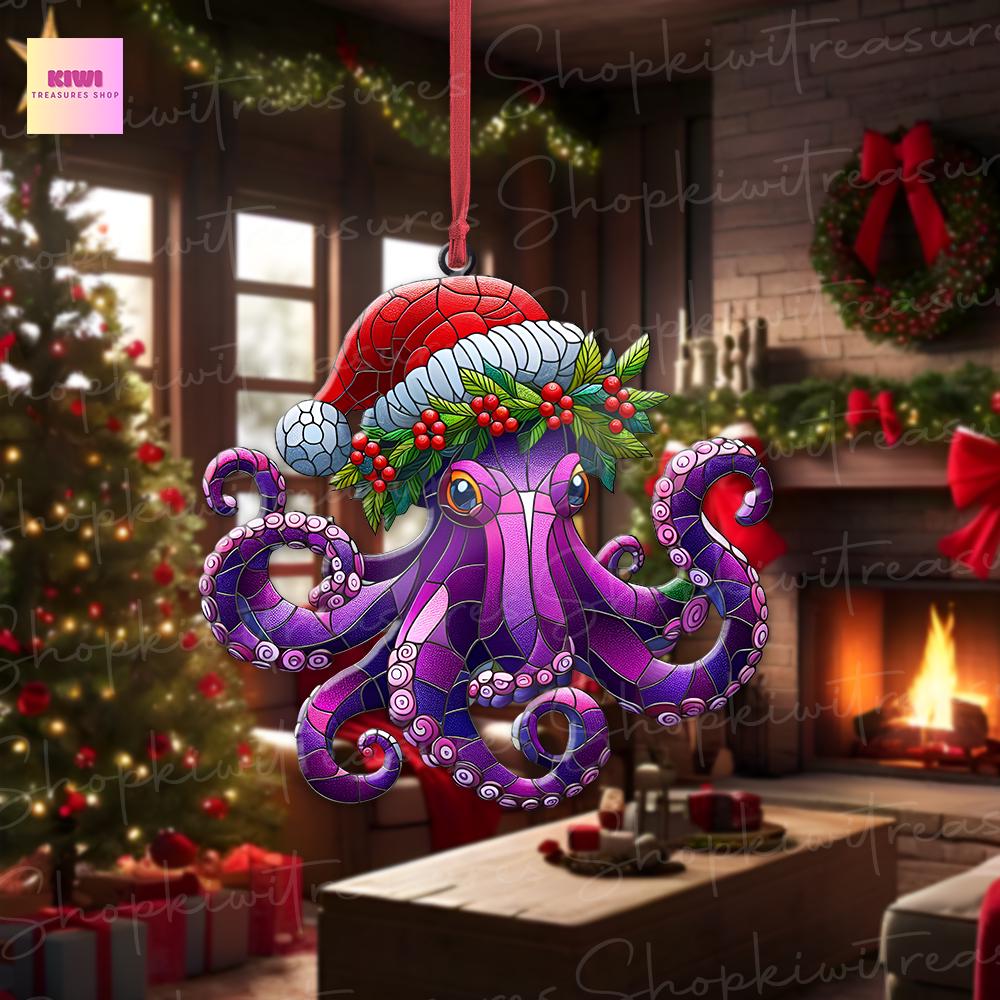Christmas octopus Ornament, purple octopus ornament, sea animal ornament, octopus lover gift, unique idea gift, funny octopus hanging