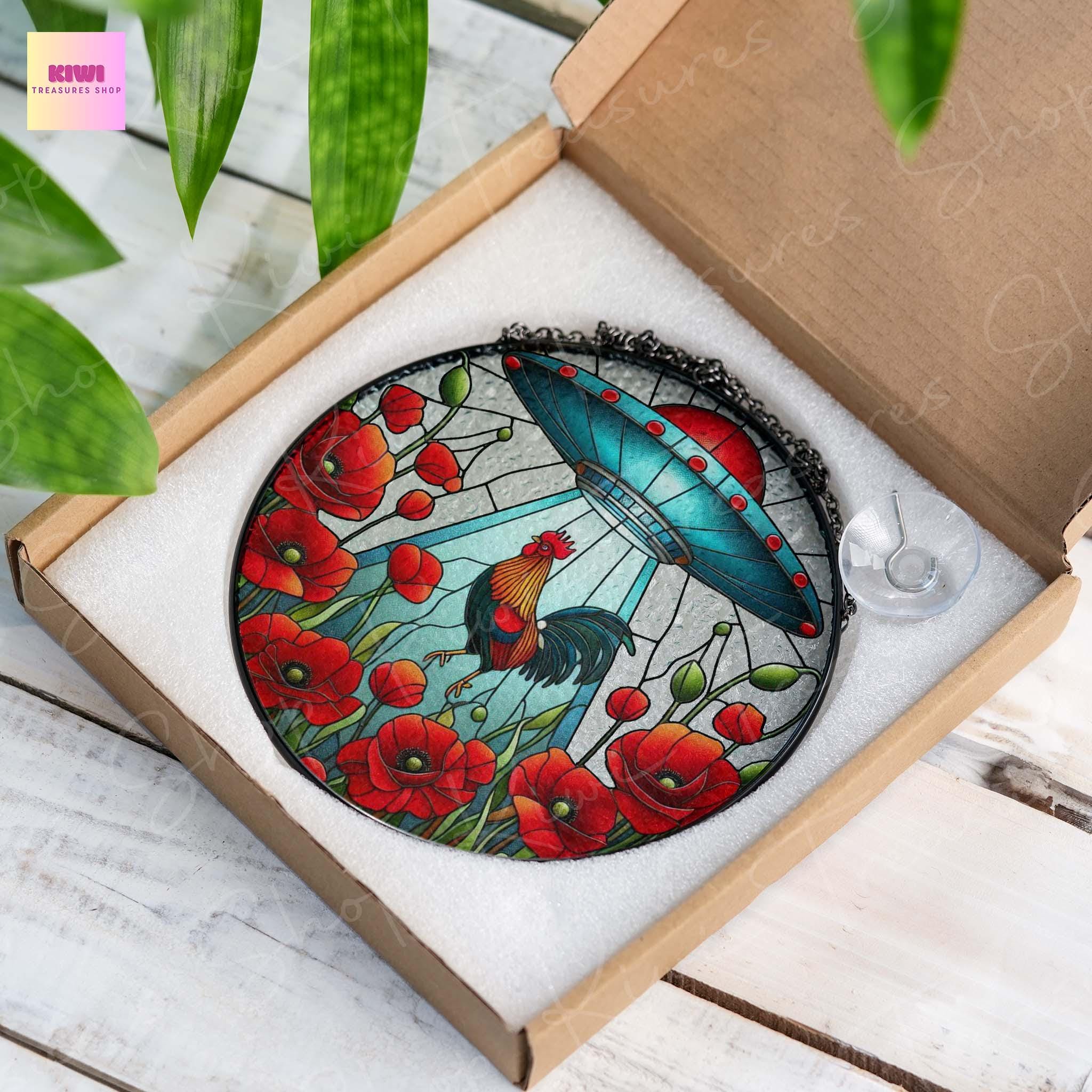 UFO Abduction rooster Wildflowers Glass Suncatcher Hanigng, Rooster Window Hanging, Indoor Decor, red poppies suncatcher