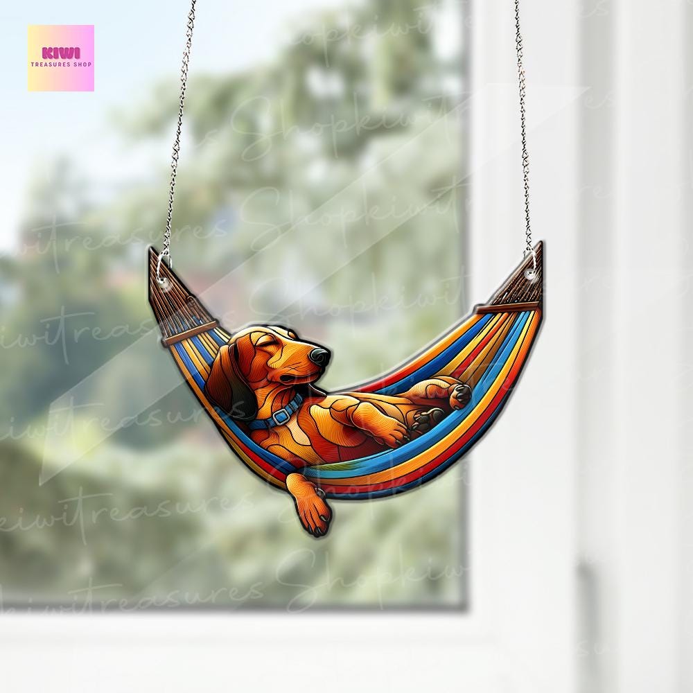 Dachshund Sleeping On Rainbow Hammock ACRYLIC Window Hanging, Funny Dachshund Decor, Funny Dog Gift, Dachshund Window Decor, Dachsund Mom