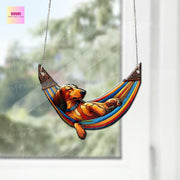 Dachshund Sleeping On Rainbow Hammock ACRYLIC Window Hanging, Funny Dachshund Decor, Funny Dog Gift, Dachshund Window Decor, Dachsund Mom