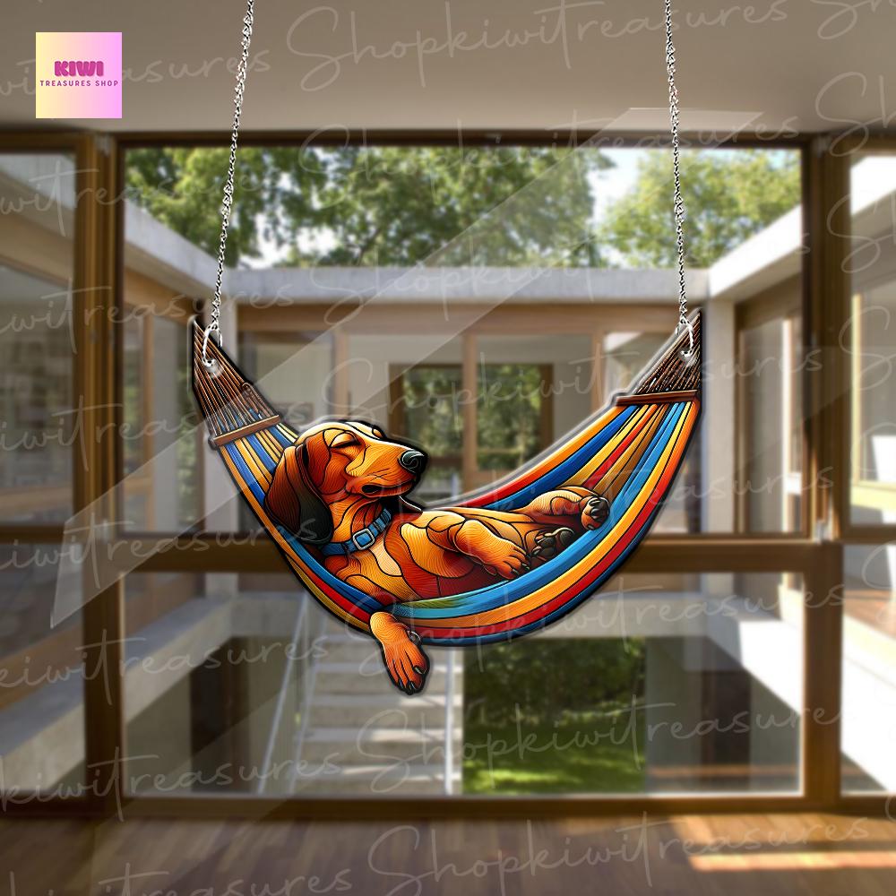 Dachshund Sleeping On Rainbow Hammock ACRYLIC Window Hanging, Funny Dachshund Decor, Funny Dog Gift, Dachshund Window Decor, Dachsund Mom