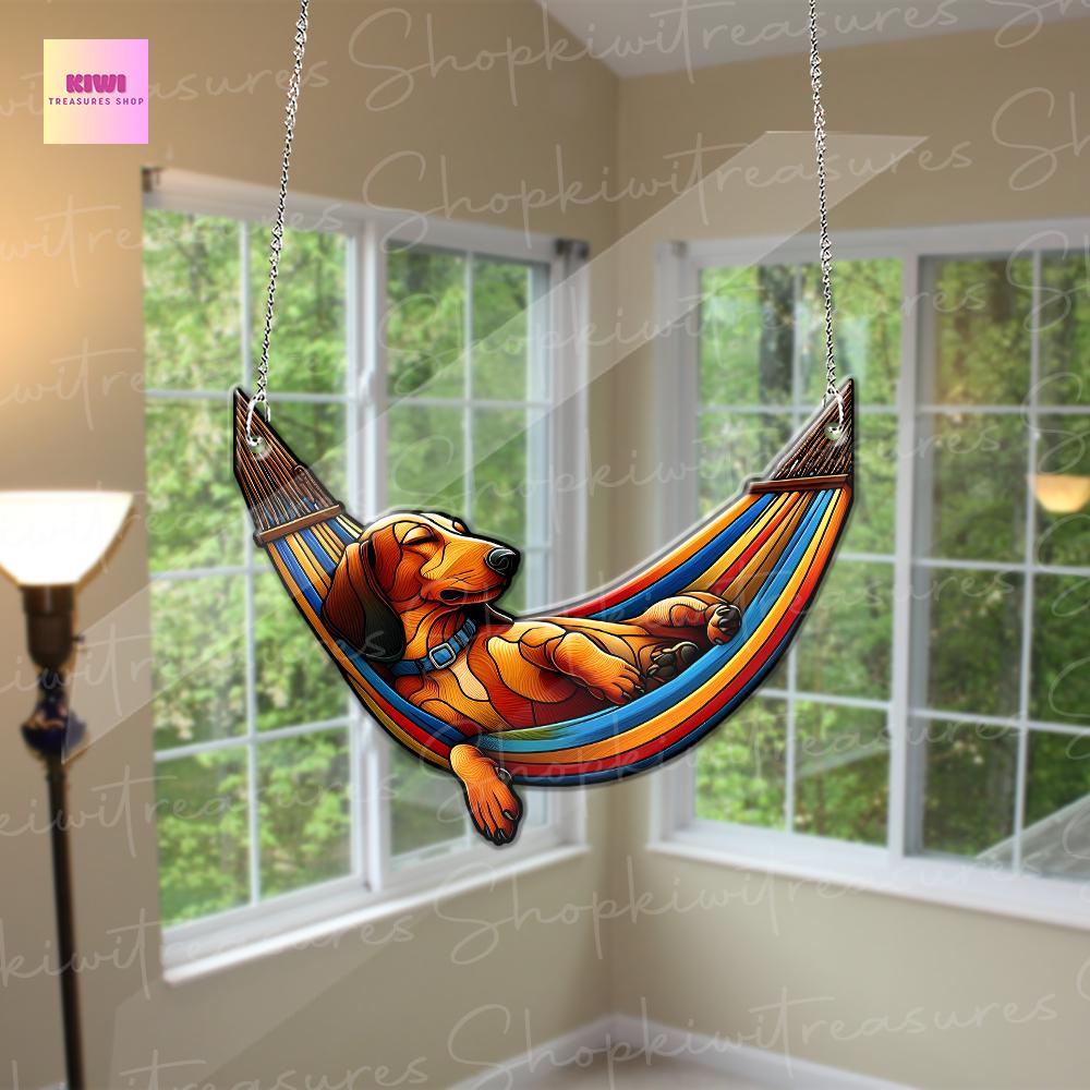 Dachshund Sleeping On Rainbow Hammock ACRYLIC Window Hanging, Funny Dachshund Decor, Funny Dog Gift, Dachshund Window Decor, Dachsund Mom