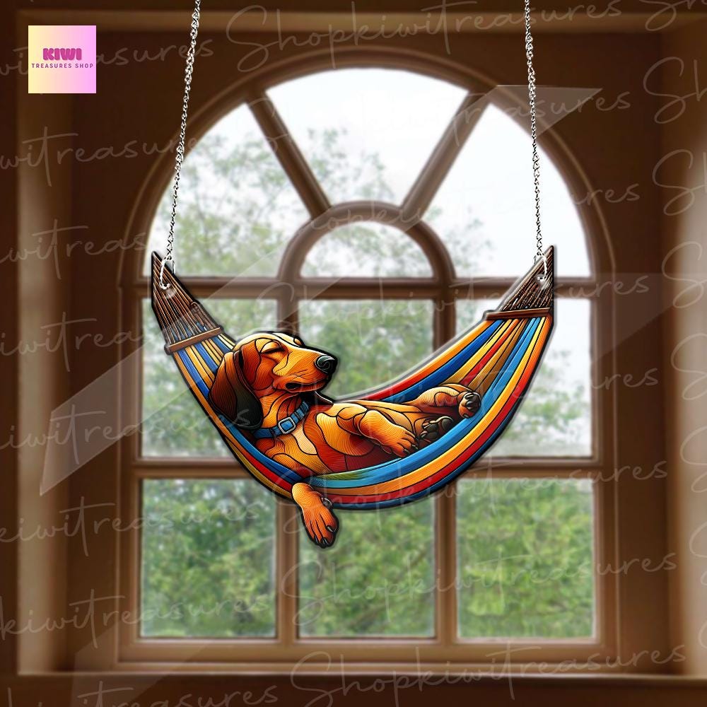 Dachshund Sleeping On Rainbow Hammock ACRYLIC Window Hanging, Funny Dachshund Decor, Funny Dog Gift, Dachshund Window Decor, Dachsund Mom