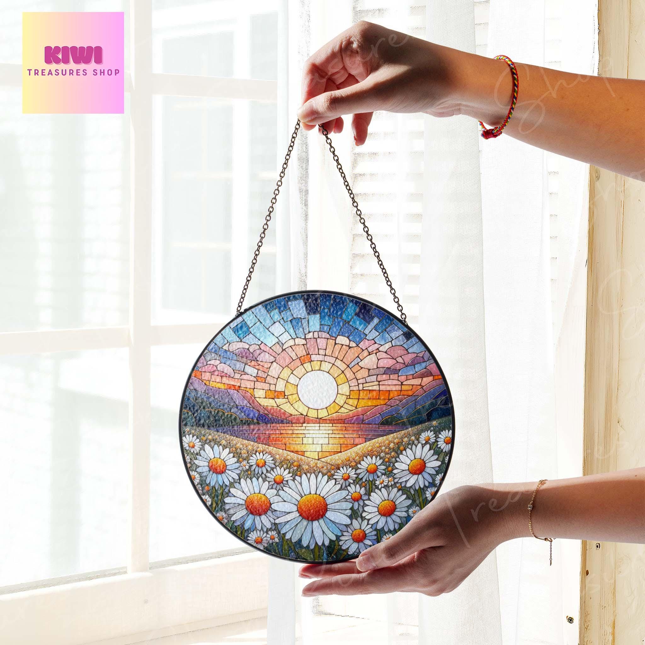 Daisy Flower GLASS Suncatcher Hanging, Birth Month Flower glass, Window hanging, Suncatcher ornament,Mother's day gift set 2025