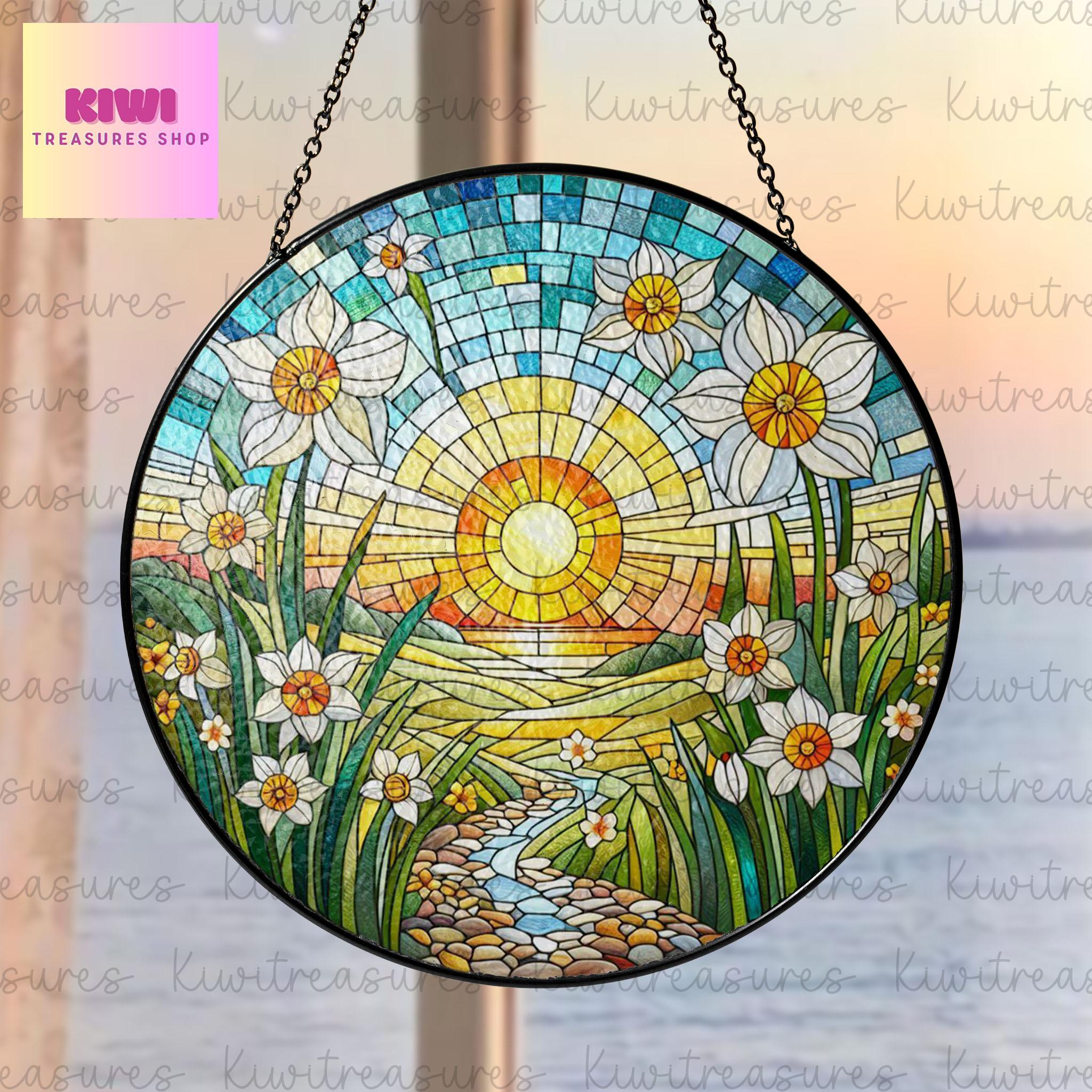 Narcissus Flower GLASS Suncatcher Hanging, Birth Month Flower glass, Window hanging, Narcissus field sunset, December birthday