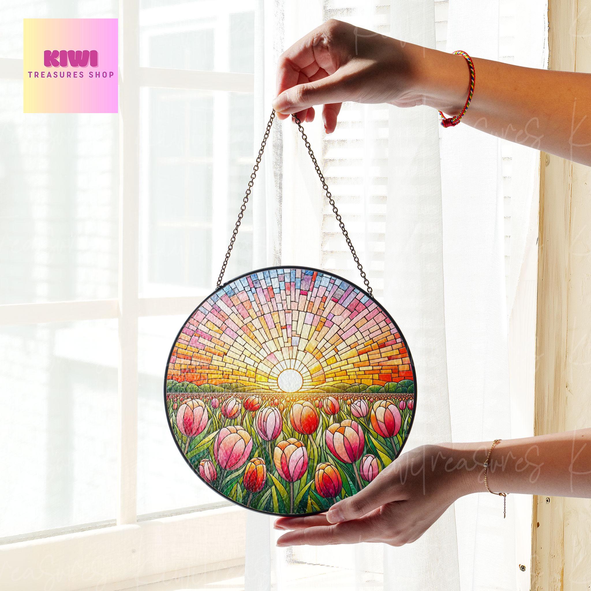 Tulip Flower GLASS Suncatcher Hanging, 11th Anniversary Flower glass, Window hanging, Tulip field lover gift, Mother's day gift 2025