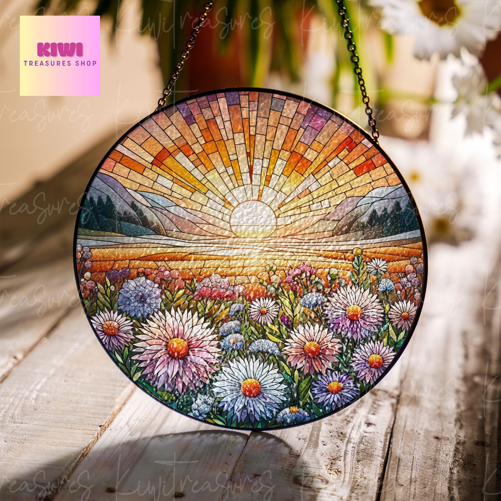 Aster Flowers GLASS Suncatcher Hanging, 20th Anniversary Flower glass, Window hanging, Aster field lover gift, Aster Flower suncatcher