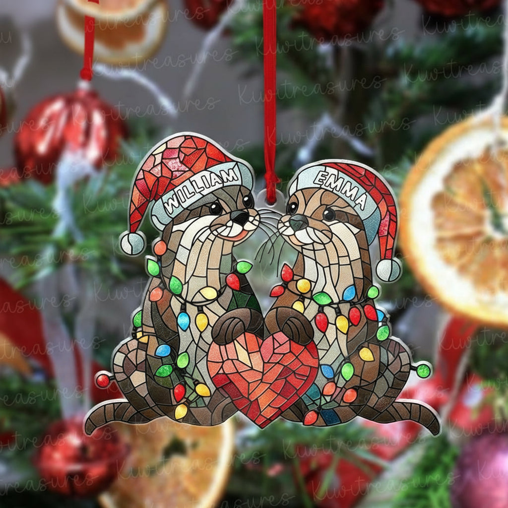 Personalized Christmas otter couple  Ornament, ferret ornament, otter lover gift, gift for couple, custom name, anniversary gift