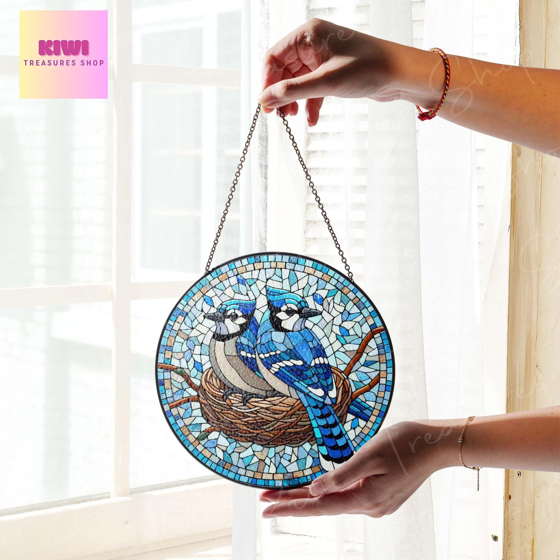 Blue jay nest on branch GLASS Suncatcher Hanging, blue jay lovers gift, Window hanging, Suncatcher ornament, Bird nerd gift, bird feeder