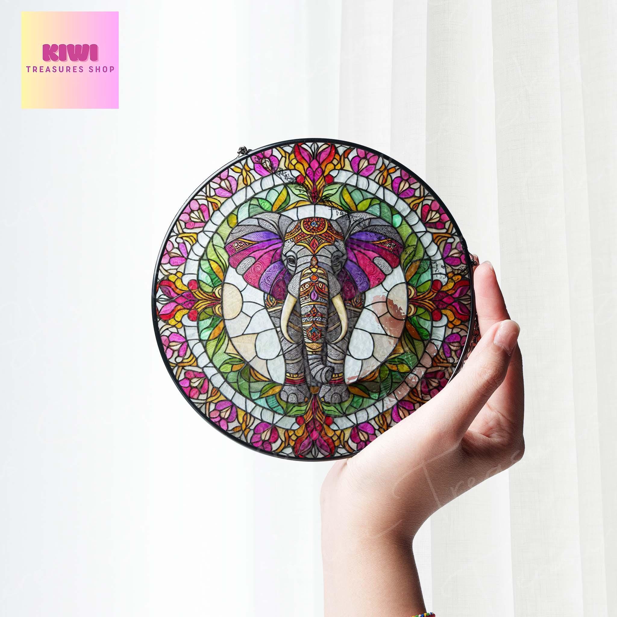 Mandala Elephant GLASS Suncatcher Hanging, Wildlife Elephant, Elephant suncatcher, Elephant window hanging, Mandala art