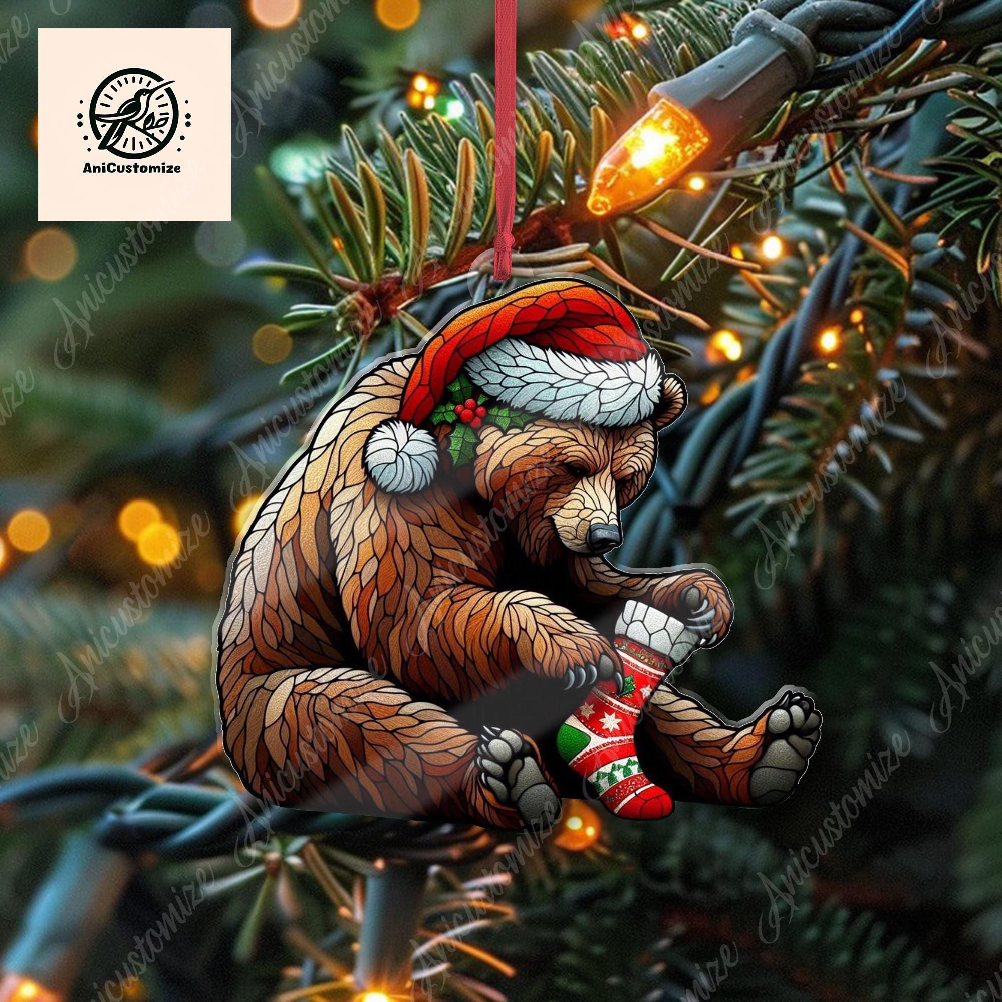 Grizzly Bear Wearing Stocking Christmas Ornament Decor, Funny Grizzly Bear Decor, Grizzly Bear Lover Gift, Funny Christmas Decor, Funny Xmas