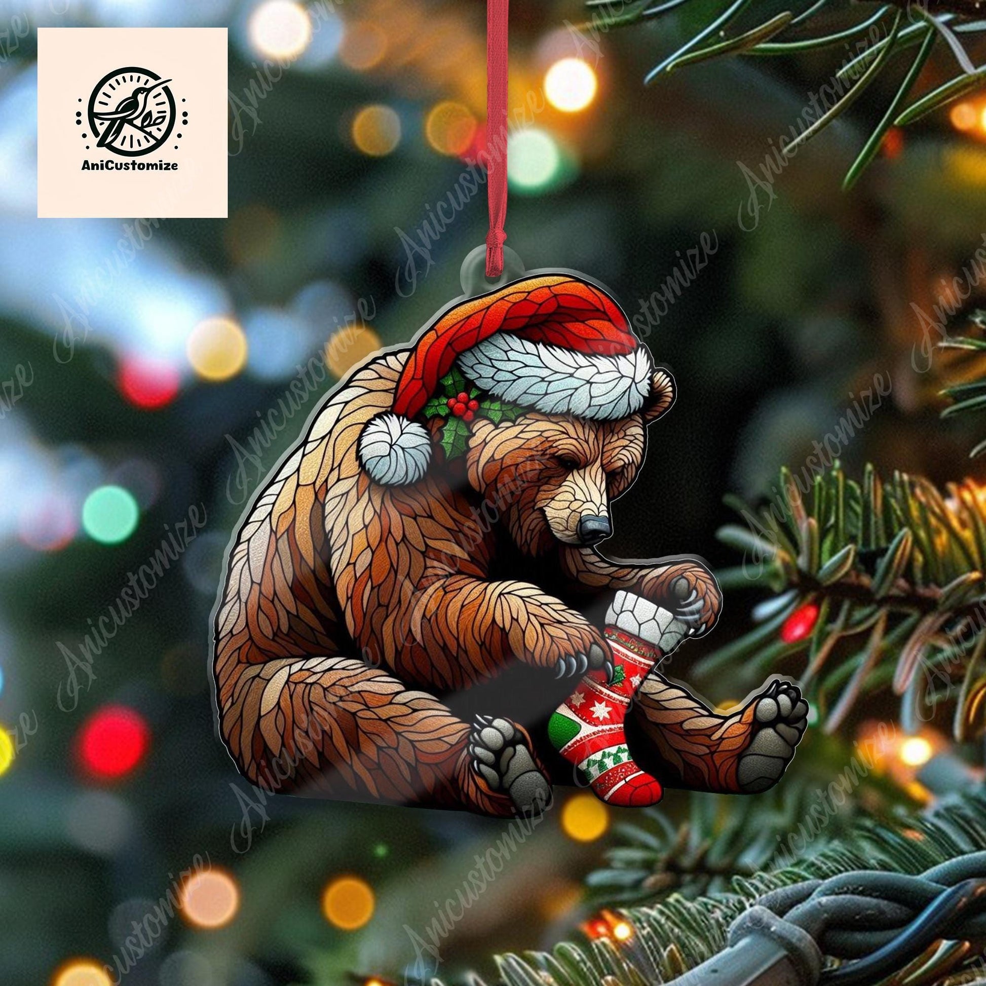 Grizzly Bear Wearing Stocking Christmas Ornament Decor, Funny Grizzly Bear Decor, Grizzly Bear Lover Gift, Funny Christmas Decor, Funny Xmas