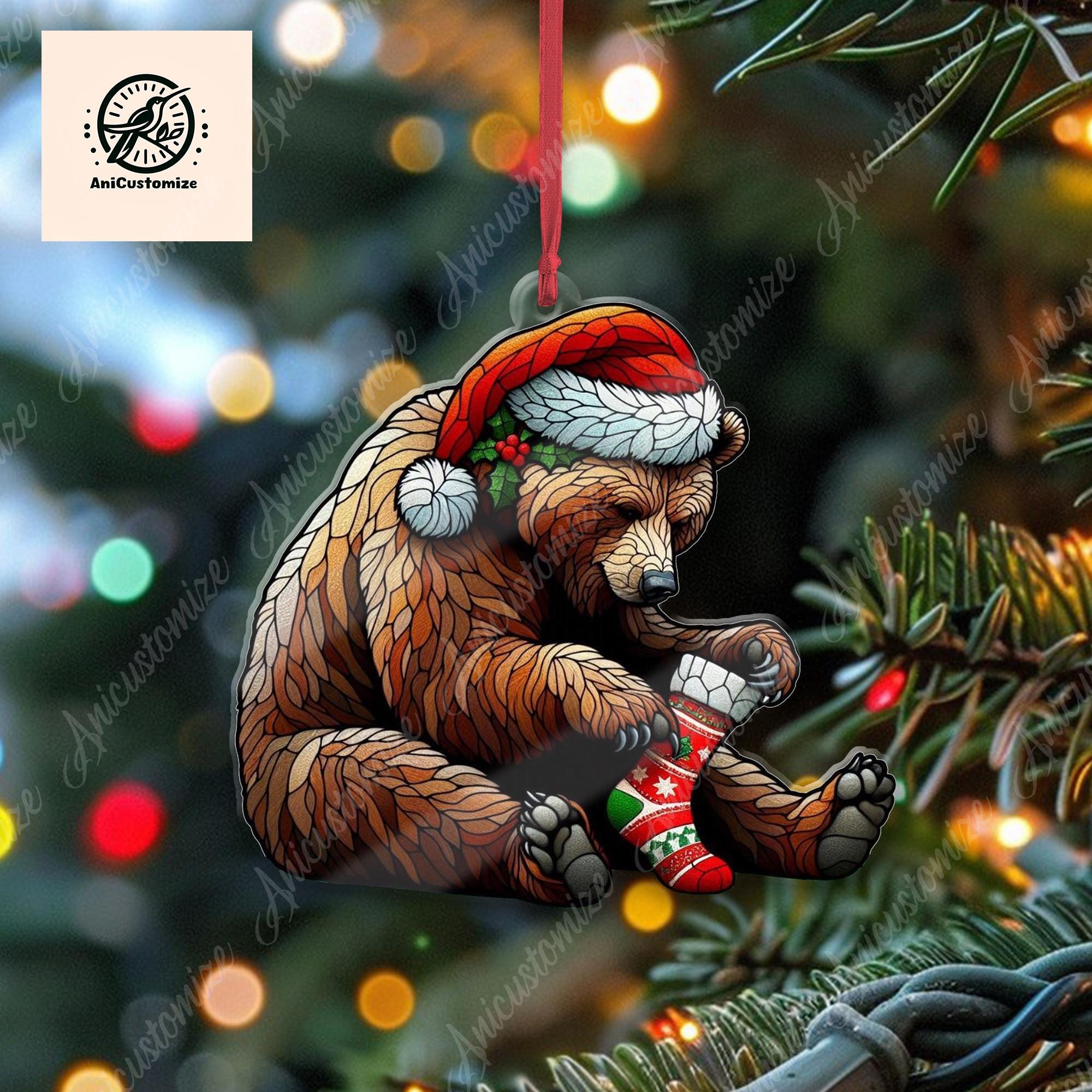 Grizzly Bear Wearing Stocking Christmas Ornament Decor, Funny Grizzly Bear Decor, Grizzly Bear Lover Gift, Funny Christmas Decor, Funny Xmas