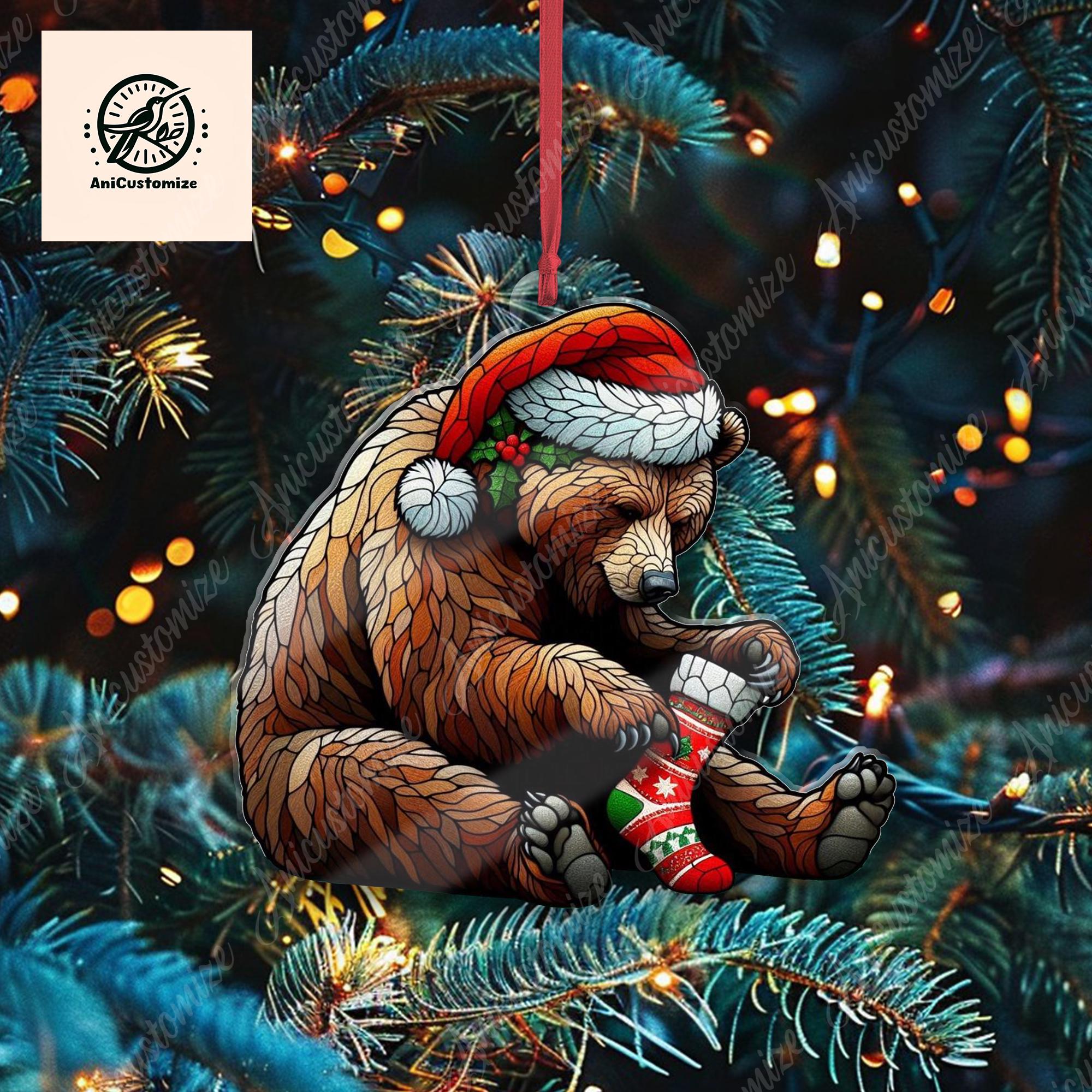 Grizzly Bear Wearing Stocking Christmas Ornament Decor, Funny Grizzly Bear Decor, Grizzly Bear Lover Gift, Funny Christmas Decor, Funny Xmas