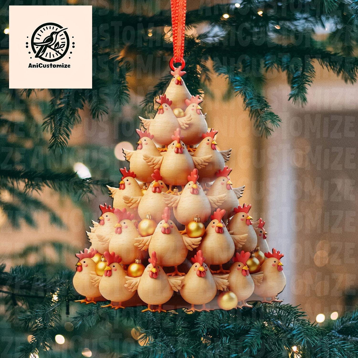 Christmas Chicken Tree Acrylic 2D Flat Ornament, Chicken Mom Christmas Gift Ornament, Christmas 2024 Farmhouse Decor, Chicken Lovers Gift