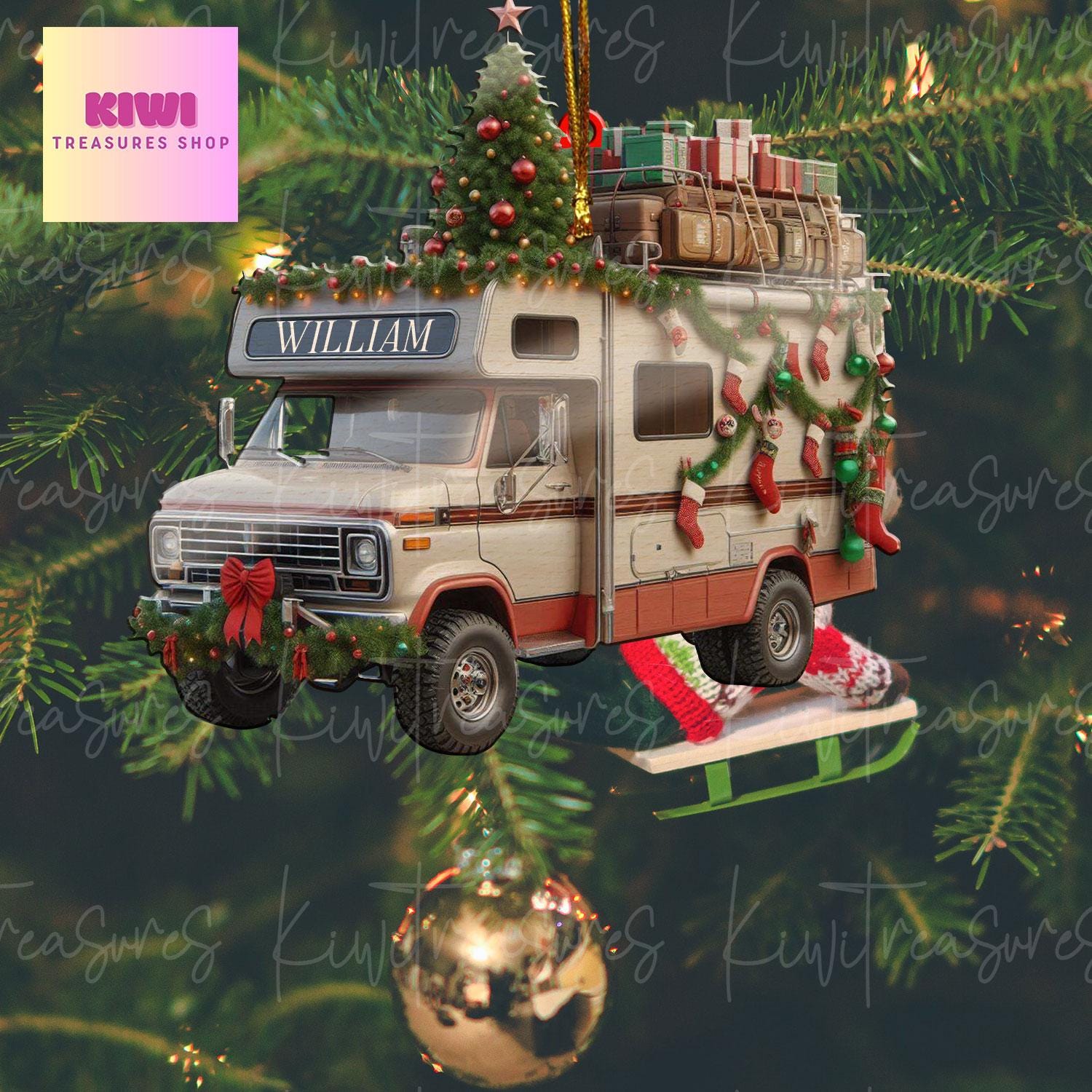 Personalized Camping car Xmas Acrylic Ornament, 2D Flat Ornament, Camper gift, Camping lover gift, Christmas tree hanging, happy camper