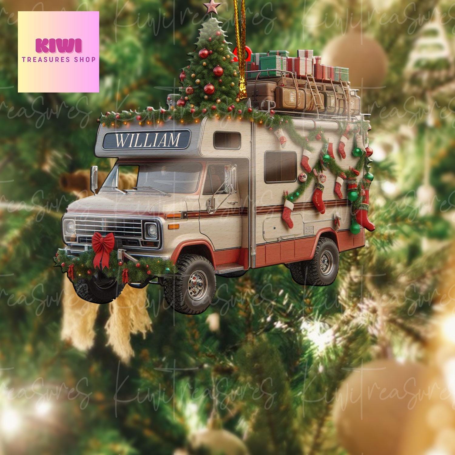 Personalized Camping car Xmas Acrylic Ornament, 2D Flat Ornament, Camper gift, Camping lover gift, Christmas tree hanging, happy camper
