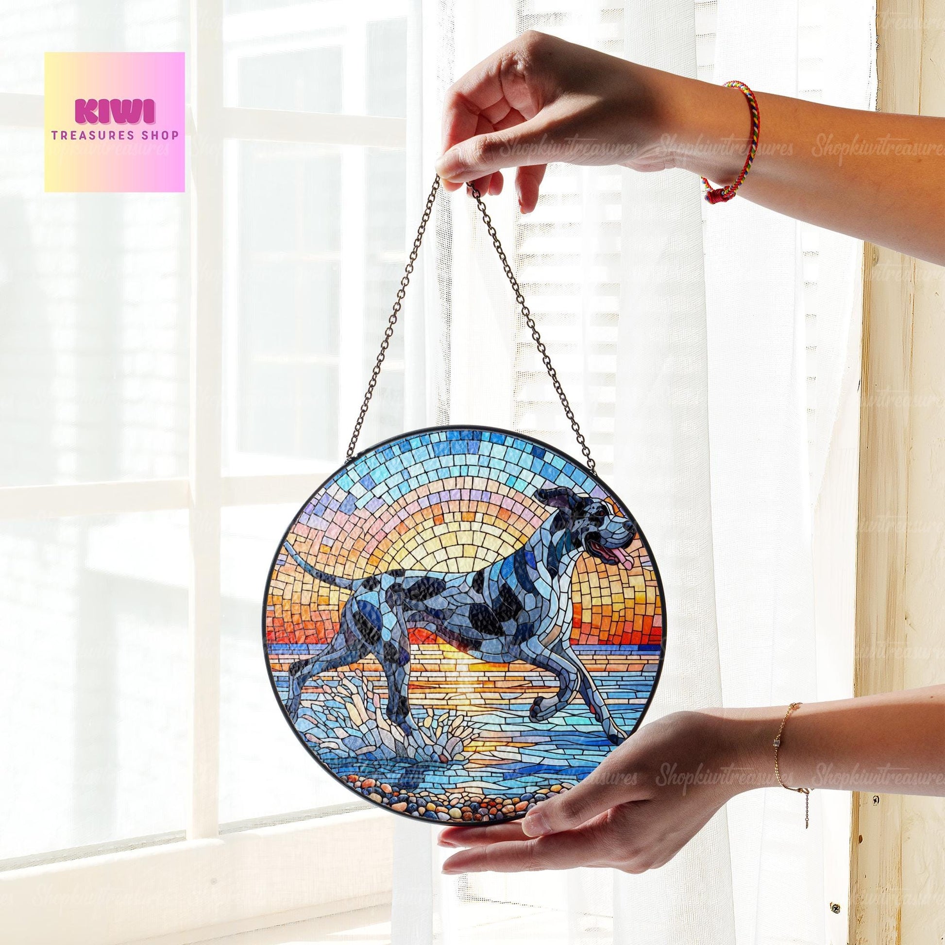Great Dane running on the beach GLASS Window Hanging, Sunset landscape, Dog mom gift, Dog suncatcher, great dane lover gift