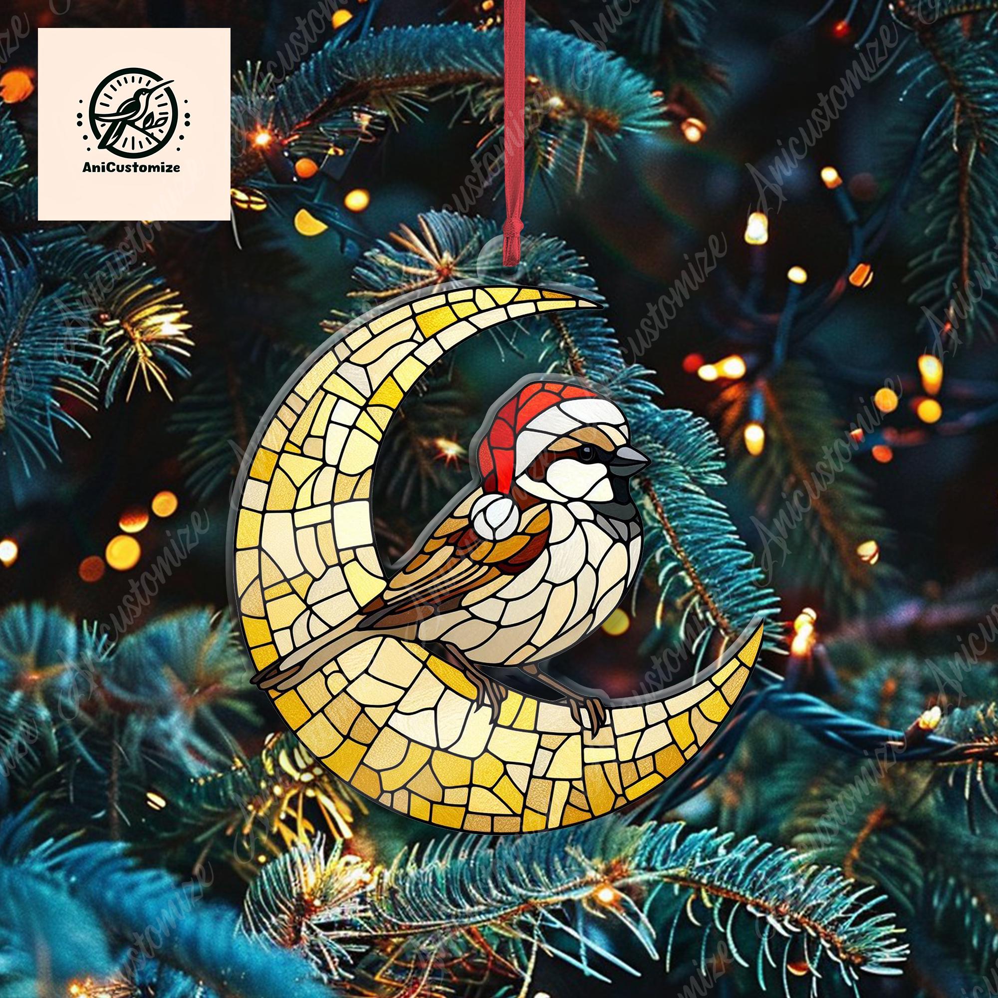 House Sparrow Christmas Ornament, House Sparrow Sit On The Crescent Moon Ornament, Christmas Tree Decor, Bird Lovers Gift Ornament