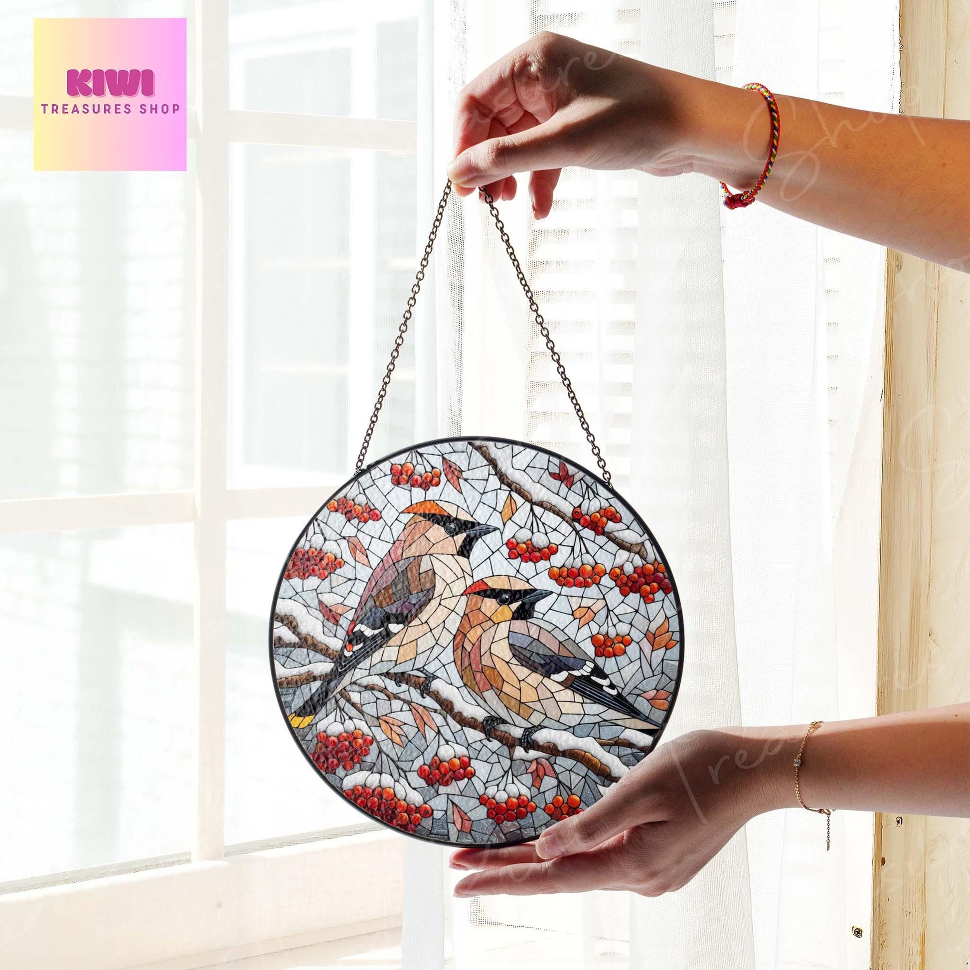 Cedar Waxwing couple on red berries branch GLASS Hanging, Winter landscape, Cedar Waxwing suncatcher, bird watching gift, Christmas gift