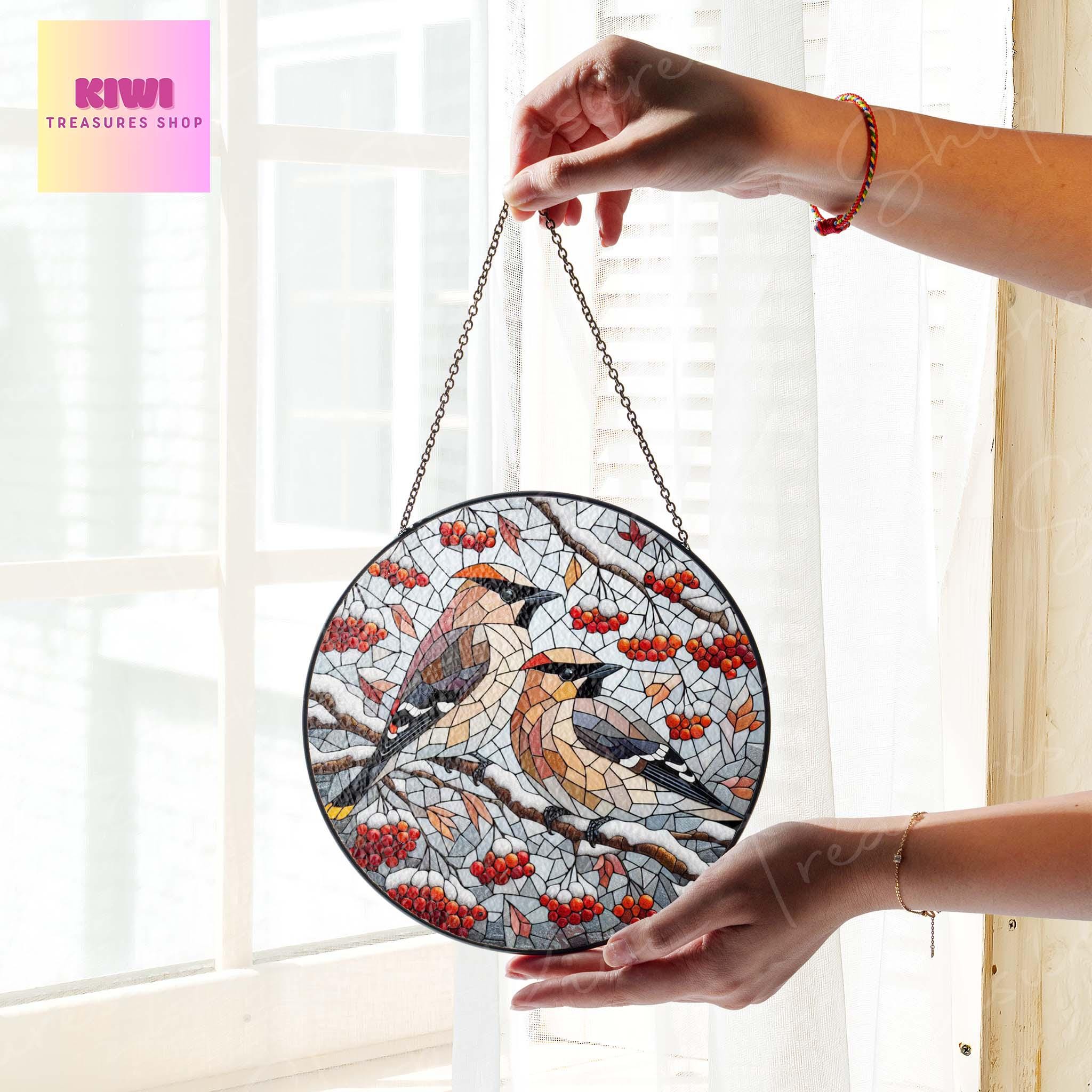 Cedar Waxwing couple on red berries branch GLASS Hanging, Winter landscape, Cedar Waxwing suncatcher, bird watching gift, Christmas gift