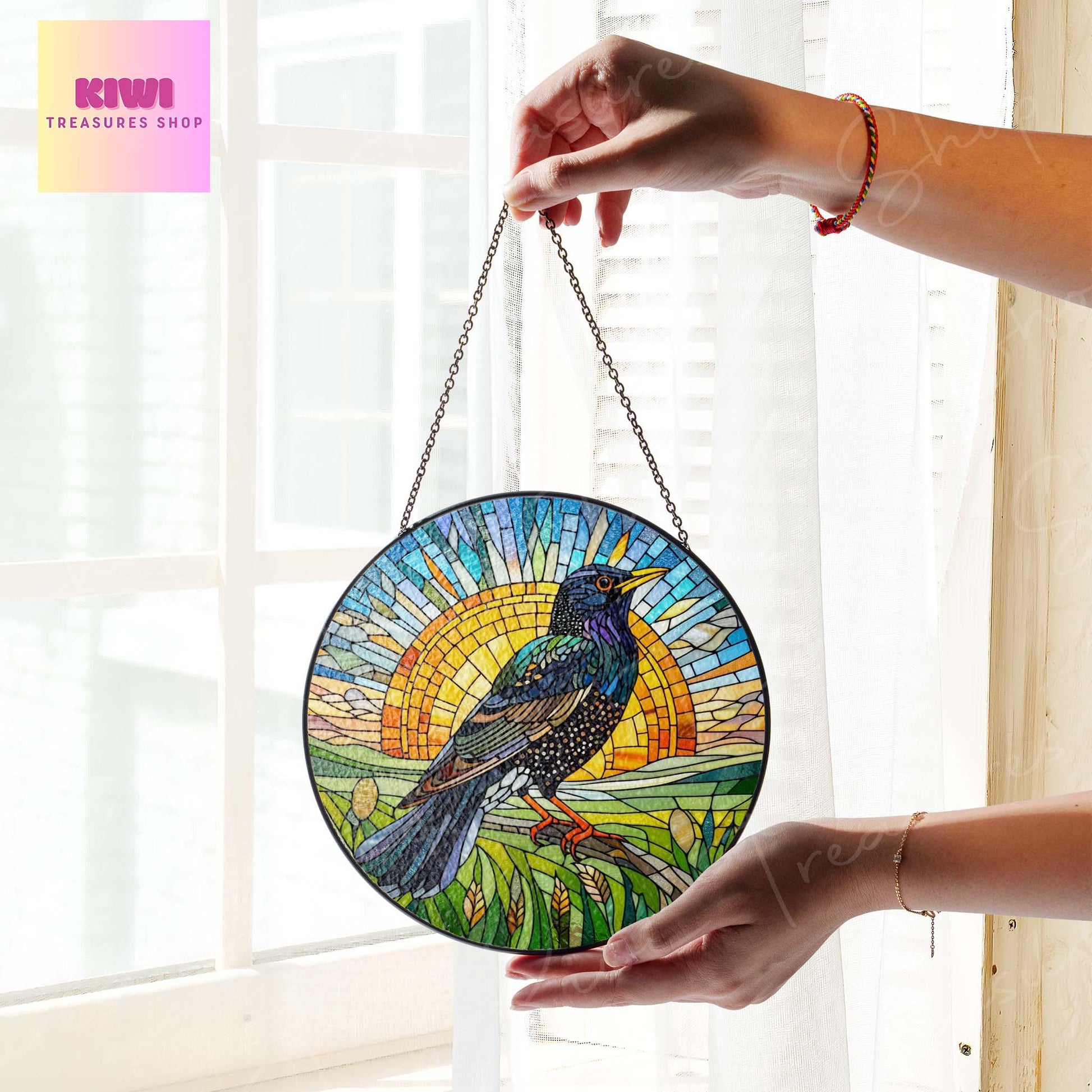 European Starling GLASS Hanging, Sunrise landscape, European suncatcher, bird watching gift, Bird nerd gift, Bird lover gift