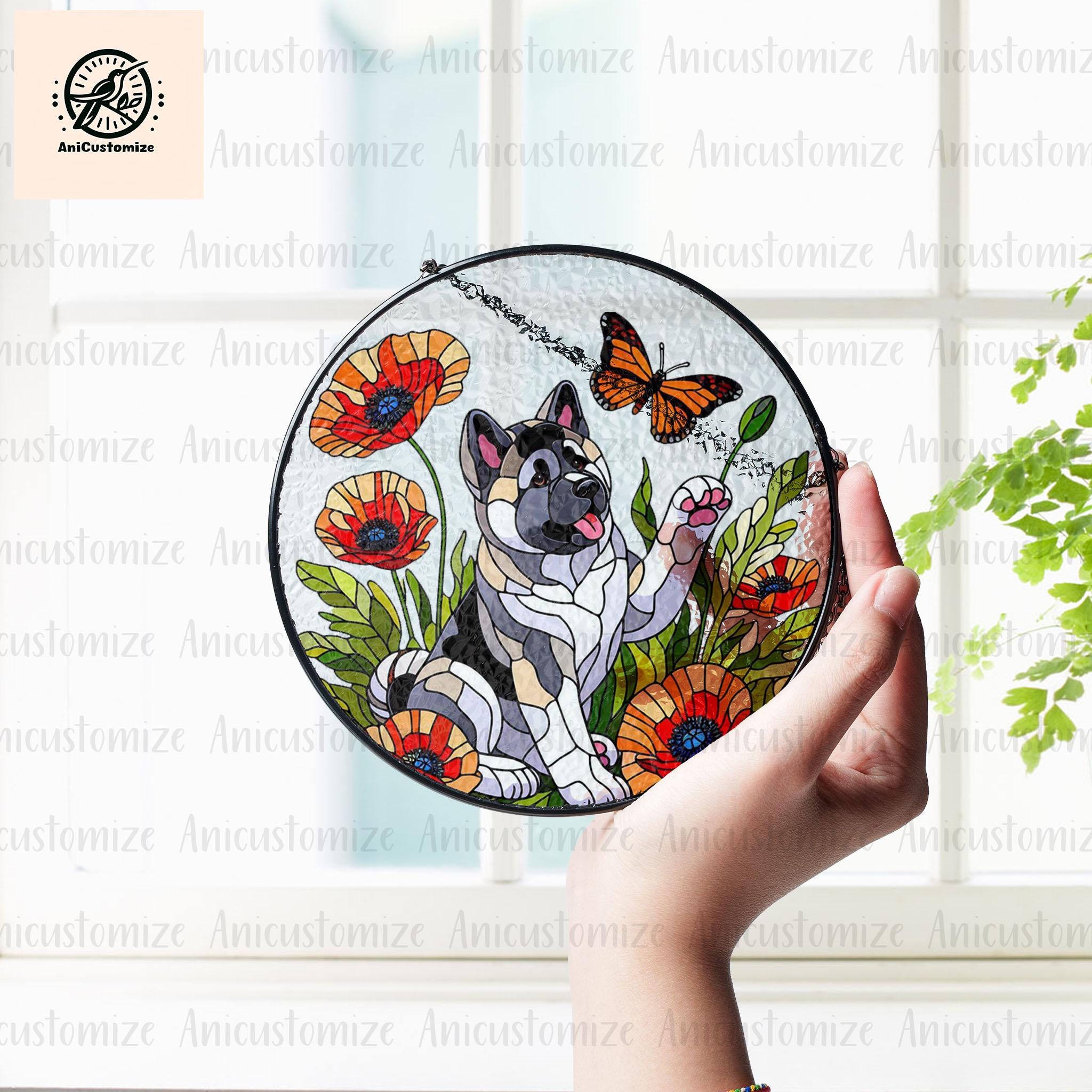 American Akita Among Poppy Flower GLASS , Dog Suncatcher, Akita Mom Decor, Akita Lover Decor, Mother's Day Gift