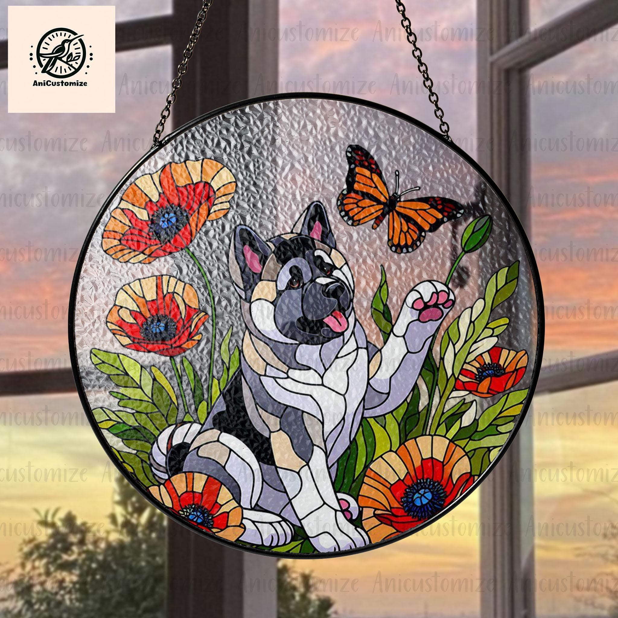 American Akita Among Poppy Flower GLASS , Dog Suncatcher, Akita Mom Decor, Akita Lover Decor, Mother's Day Gift
