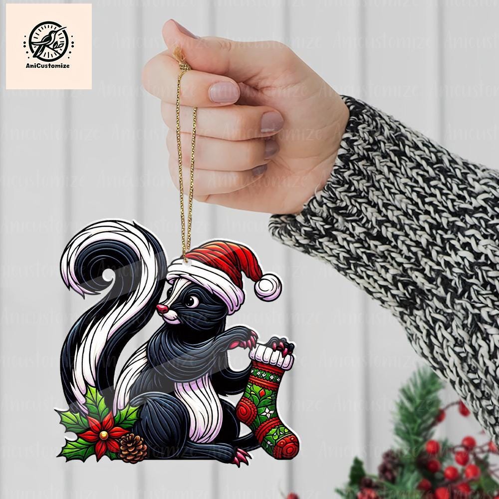 Skunk Wearing Stocking Christmas Ornament Decor, Funny Christmas Decor, Christmas Gift, Skunk Lover Decor, Animal Lover Gift, Skunk Decor