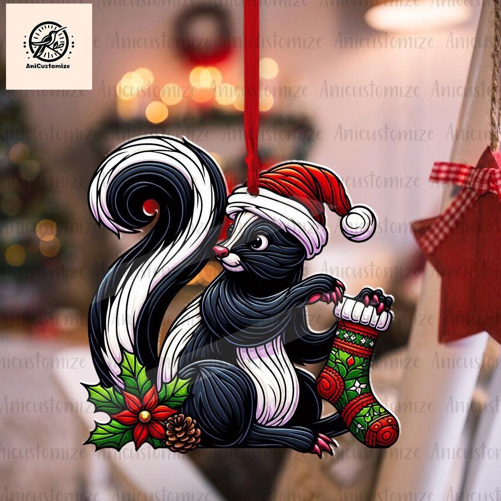 Skunk Wearing Stocking Christmas Ornament Decor, Funny Christmas Decor, Christmas Gift, Skunk Lover Decor, Animal Lover Gift, Skunk Decor